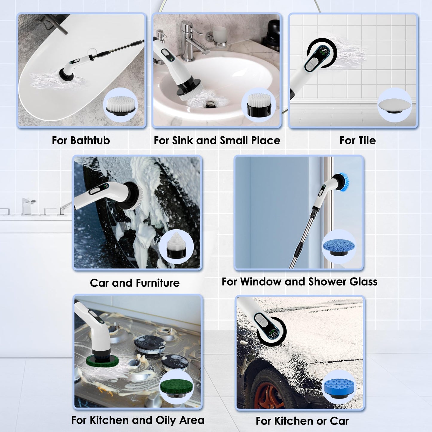 Electric Spin Scrubber for Cleaning, Cordless Power Scrubber with Long Handle, 10 Replaceable Brush Heads, 2-Speed, IPX7 Waterproof for Bathroom