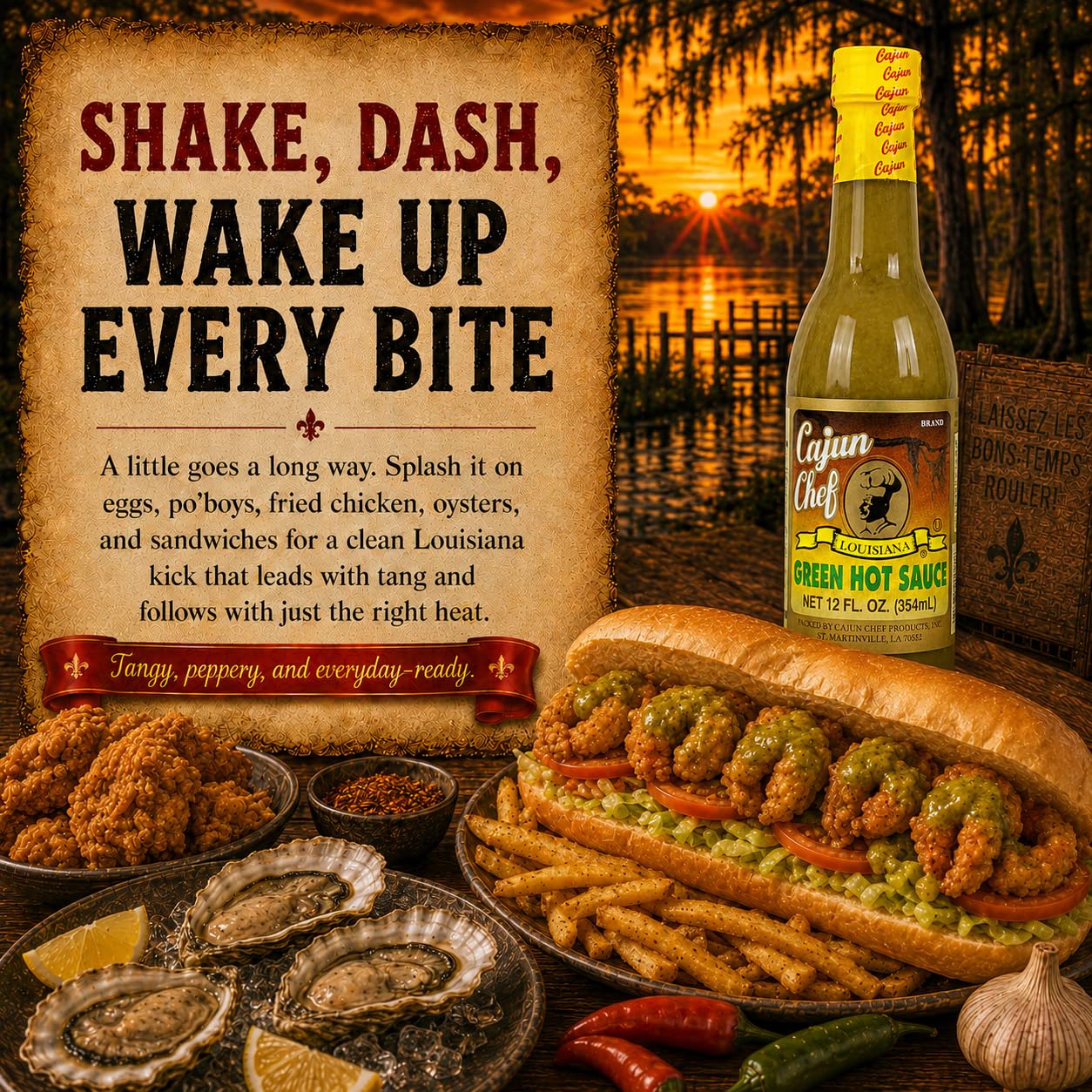 Cajun Chef Green Louisiana Hot Sauce 12 oz (Pack of 3) - Mild Green Cayenne Pepper Sauce Made with Louisiana Peppers, Cajun Style Hot Sauce for Gumbo