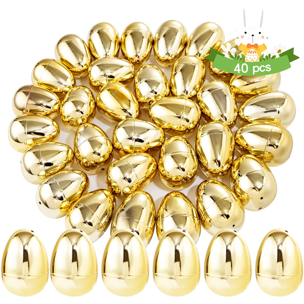supernal 40 Pcs Large Gold Plastic Eggs, 3.1" Fillable Golden Metallic Eggs