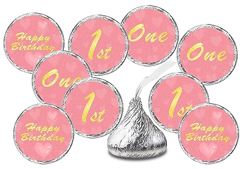 1st Birthday Kisses Stickers, One Pink Kiss Labels for Girl Happy Birthday Party, Chocolate Drop Tabletop Decorations, Candy Not Included. Made in USA