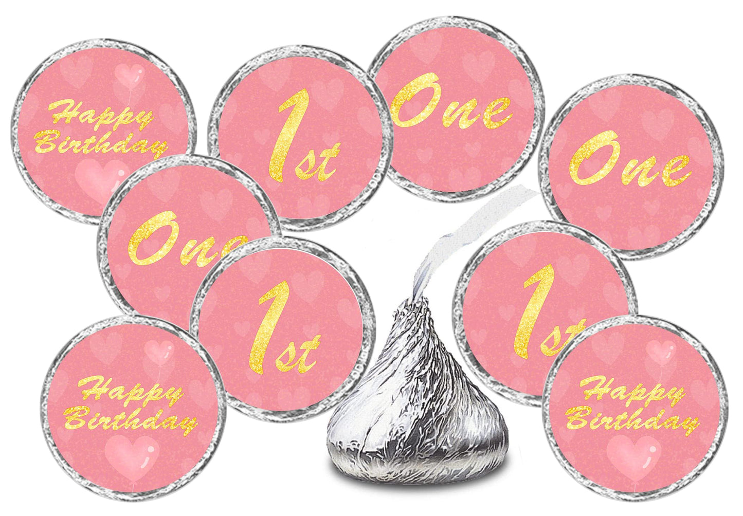 1st Birthday Kisses Stickers, One Pink Kiss Labels for Girl Happy Birthday Party, Chocolate Drop Tabletop Decorations, Candy Not Included. Made in USA