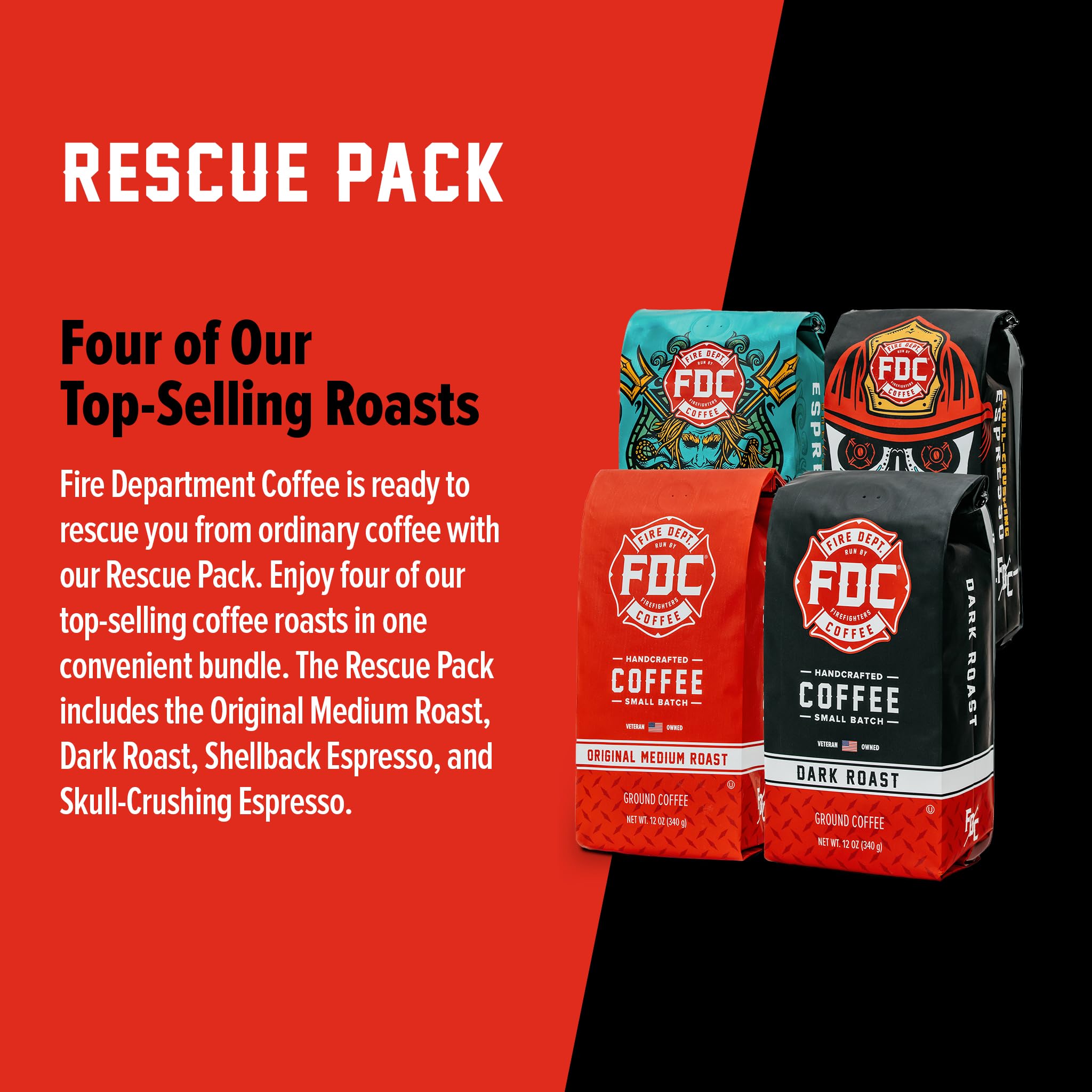 Fire Department Coffee - Gives Back to Firefighters - Rescue Variety Pack - Ground Coffee - Medium, Dark, Shellback Espresso, & Skull Crushing