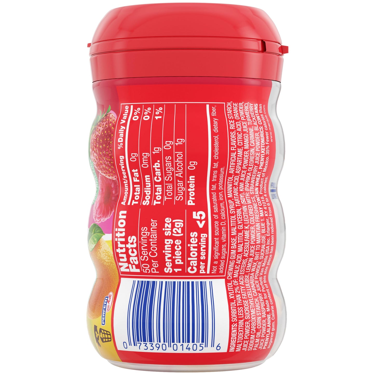 MENTOS SUGAR-FREE CHEWING GUM, RED FRUIT LIME, 50 PIECE BOTTLE
