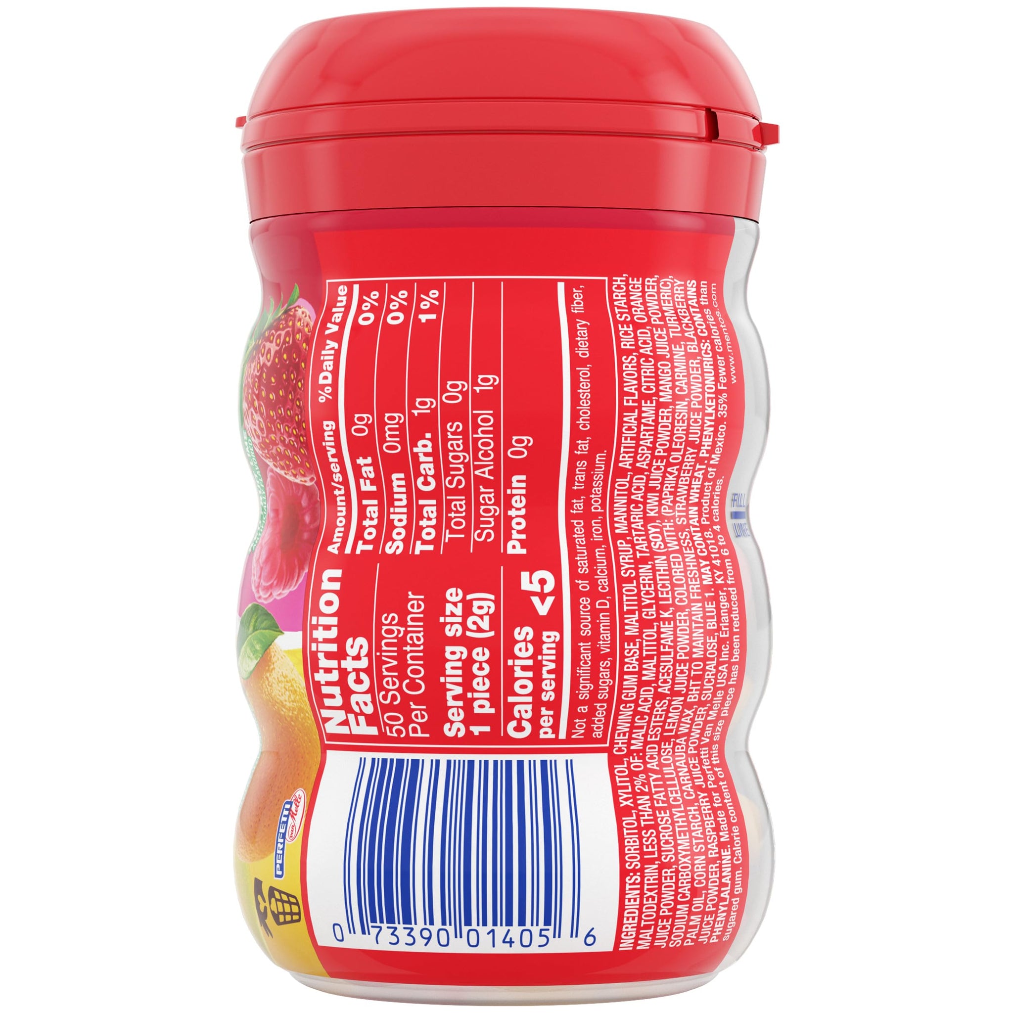 MENTOS SUGAR-FREE CHEWING GUM, RED FRUIT LIME, 50 PIECE BOTTLE