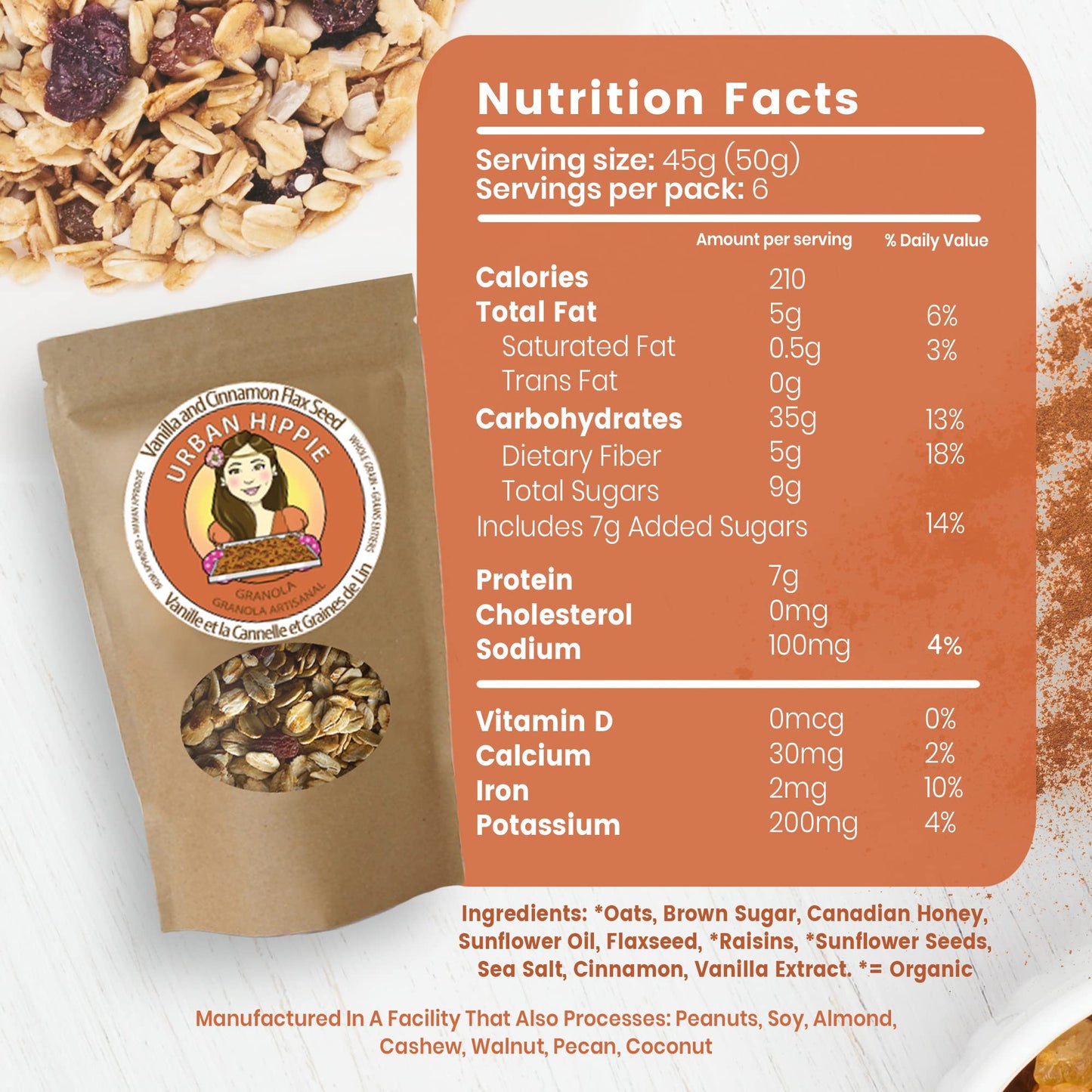 Urban Hippie Granola - Vanilla and Cinnamon Flax Seed Granola, Non-Gmo, Non Dairy, No Sulphites or Soy, Healthy Granola, 300g