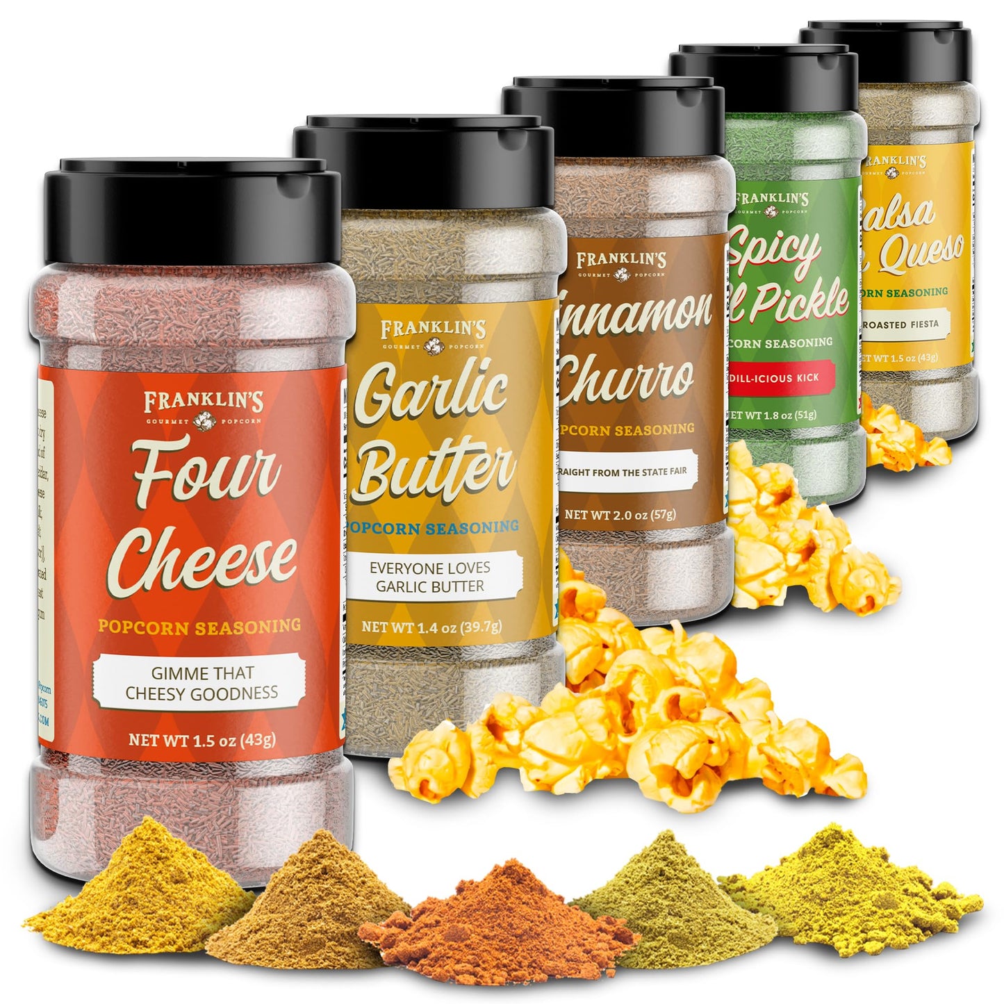 Franklin's Gourmet Popcorn Seasoning Powder Variety Pack in 5 Flavors - Made in USA - Dill, Garlic, Cheese & Cinnamon Popcorn Flavoring Seasoning Set