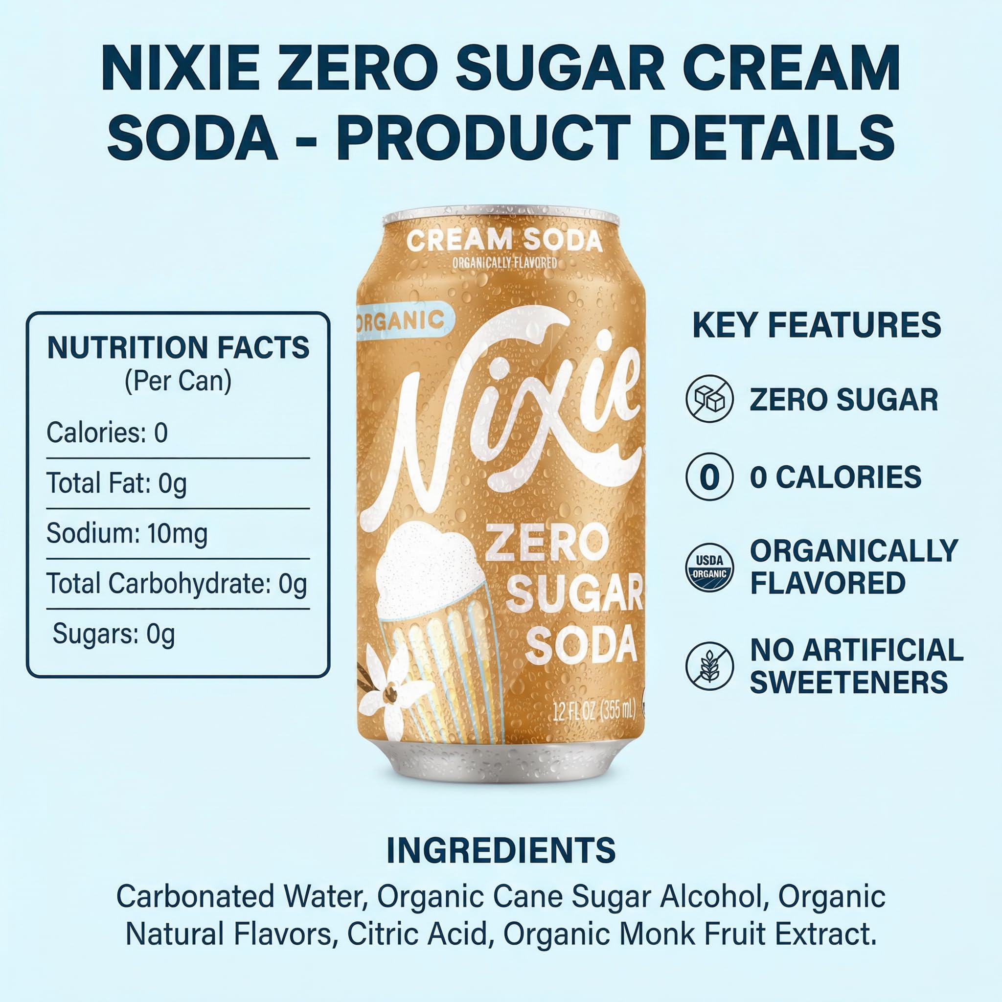 Nixie Soda Zro Sgr Crm Soda Og - 12 fl oz Can Cream - Pack of 1 - Prebiotic Inspired Alternative to Cola Root Beer Ginger Ale and Orange with a Random