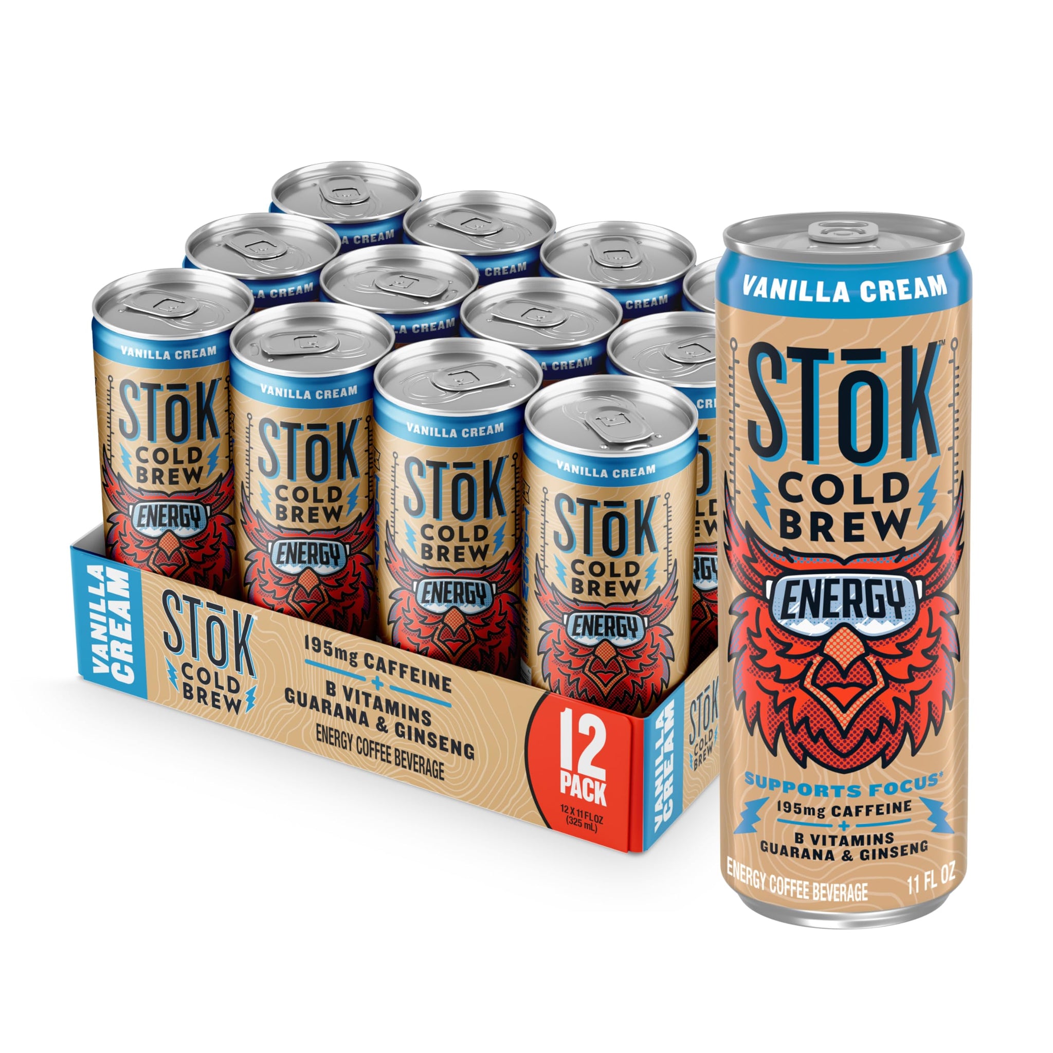 SToK Cold Brew Energy Vanilla Cream, Energy Coffee Beverage with 195mg Caffeine to Help Support Focus, Canned Coffee with B-Vitamins, Guarana