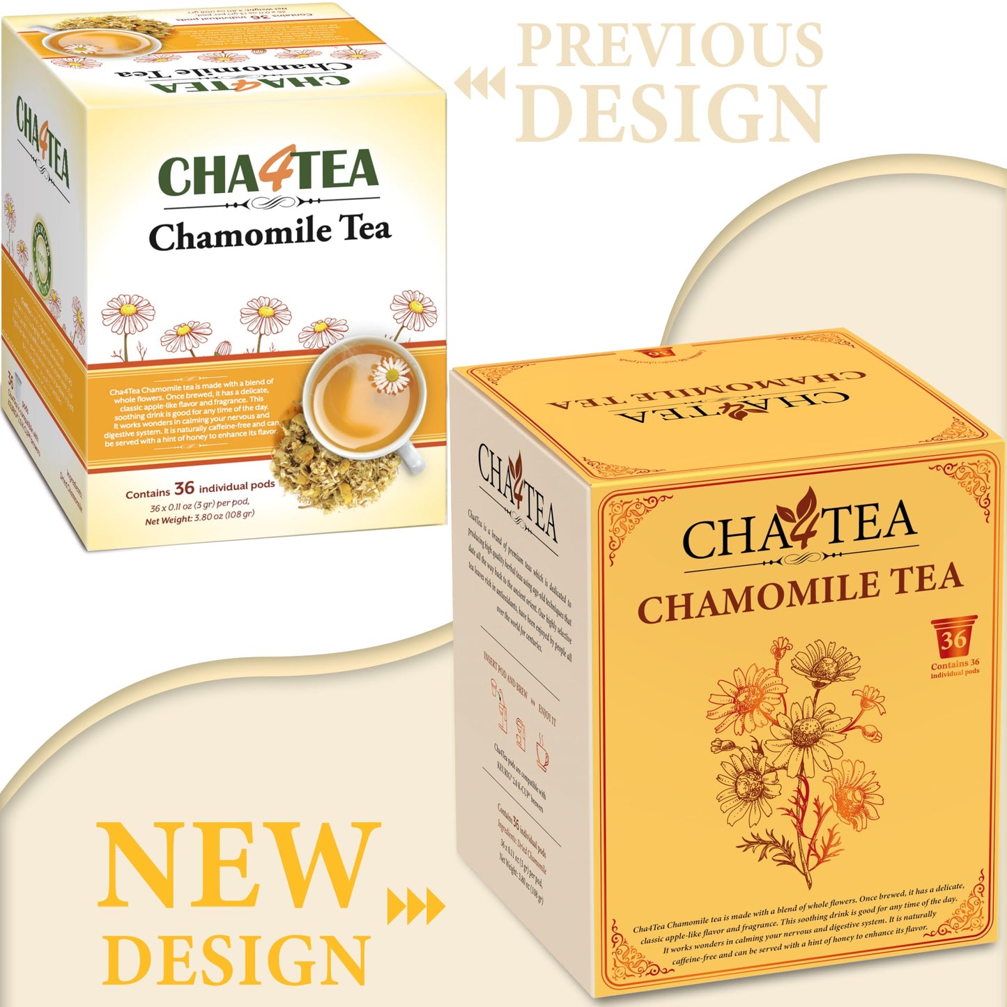 Cha4Tea 36-Count Pure Chamomile Herbal Tea Pods Compatible with Keurig Brewers - Bedtime/Sleep-Well/Nightly Calm/Relaxing Tea