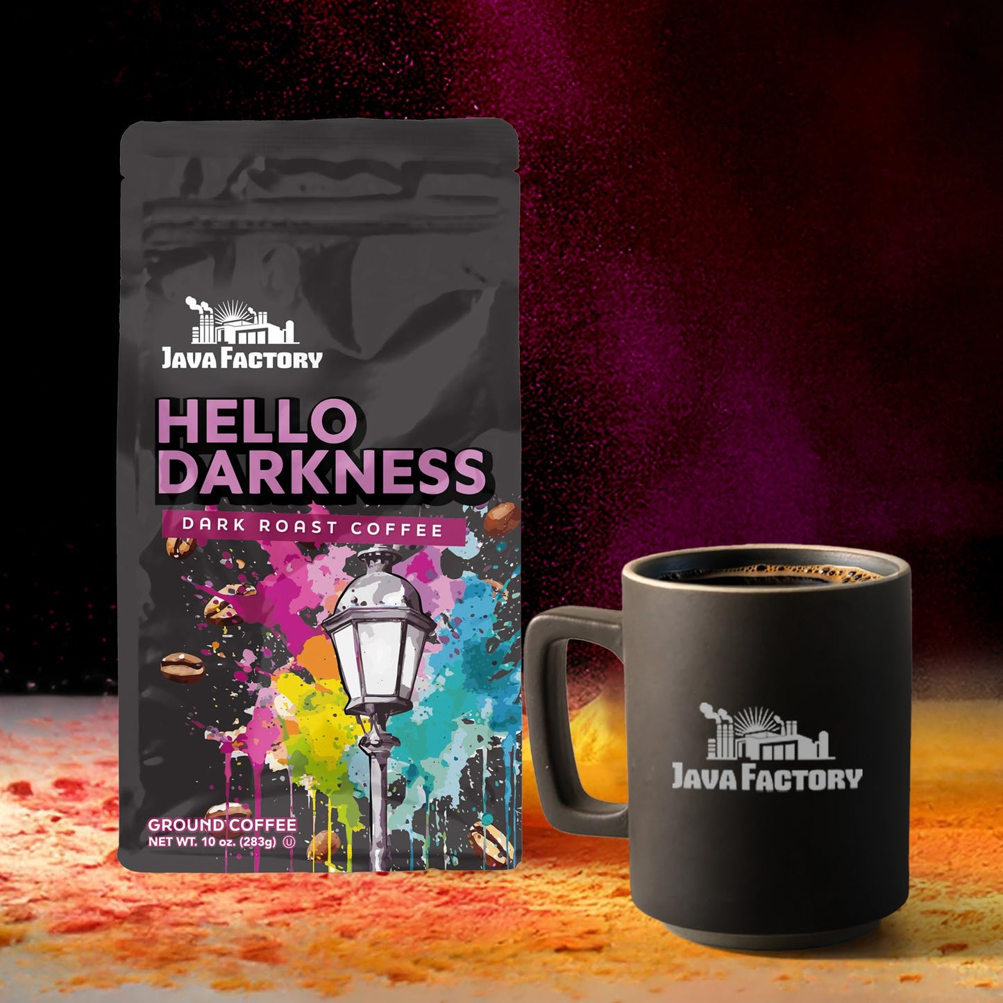 Java Factory Hello Darkness Flavored Ground Coffee Bag - Extra Bold Dark Roast Brew, Made with 100% Arabica Beans, 10 Oz
