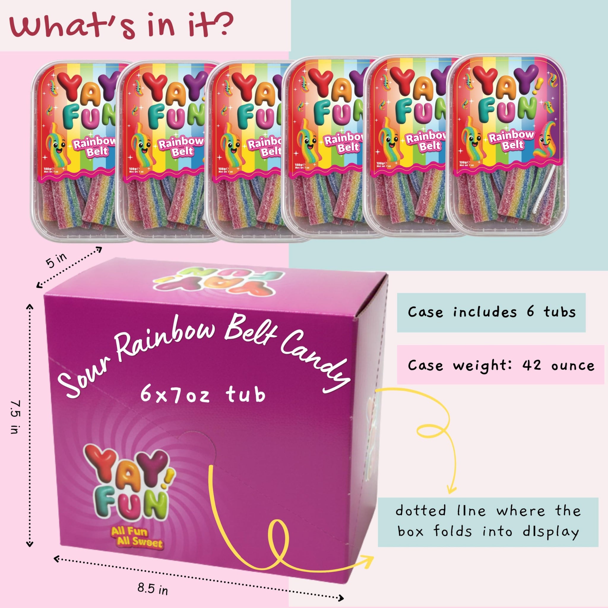 Halal Sour Rainbow Belt Gummy Candy | 6 Pack Bundle (6x7 oz Tubs) | Chewy Sour Rainbow Belt Candy | Resealable Tubs in Bulk with Display Box | Halal