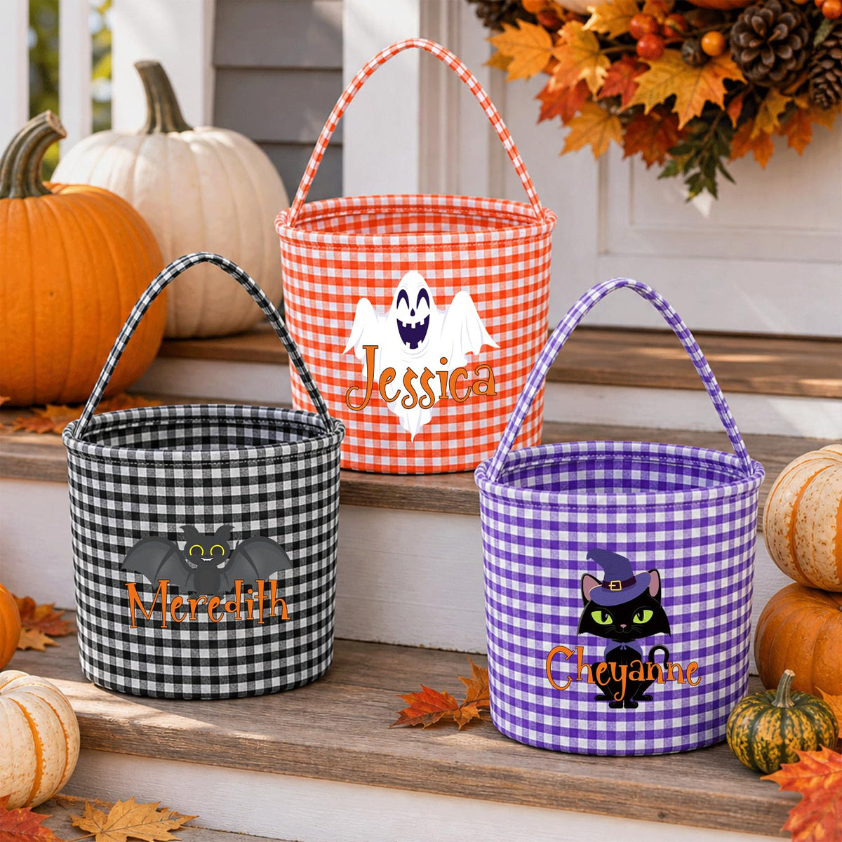 Magic Lunar Personalized Halloween Trick or Treat Bag with Name, Custom Candy Basket, Costume Ghost Bat Pumpkin Bucket, Gift Goodie Bags for Kids