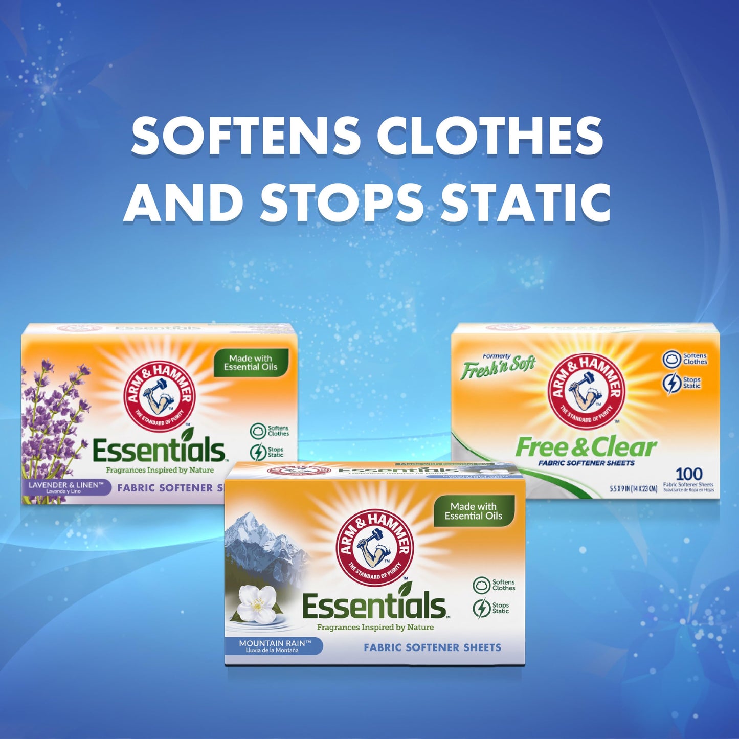 Arm & Hammer Essentials Dryer Sheets, Mountain Rain, 144 Sheets/box