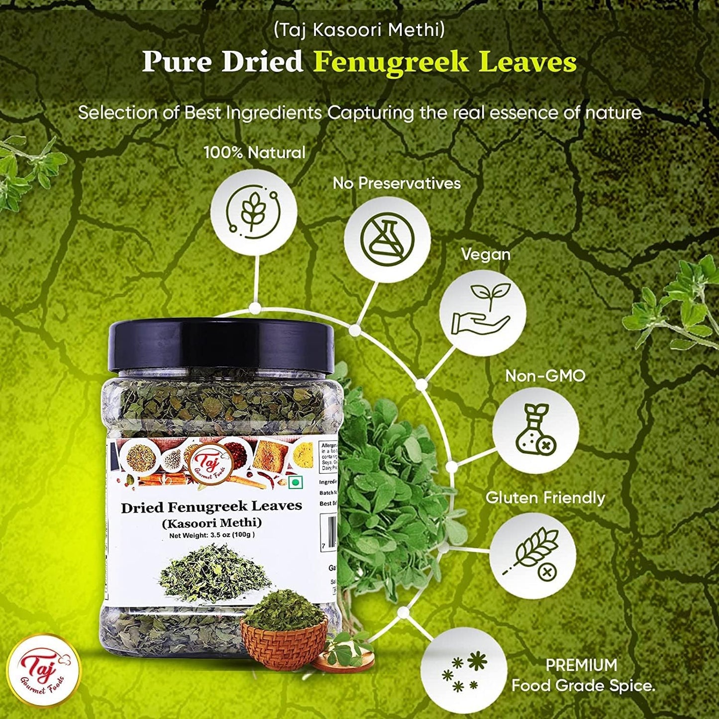 TAJ Kasoori Methi | 1oz (28g) | Dried Fenugreek Leaves | Indian Origin | GMO-Free All-Natural