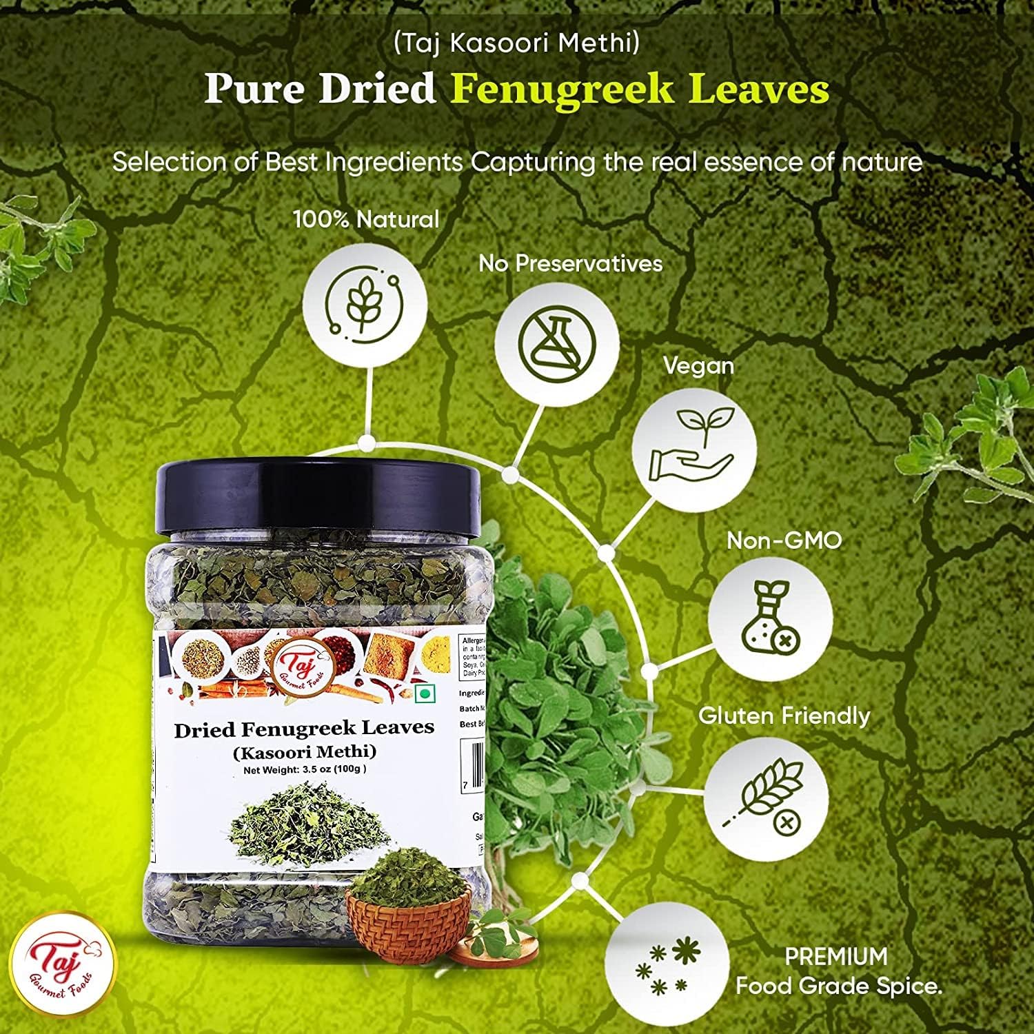 TAJ Kasoori Methi | 1oz (28g) | Dried Fenugreek Leaves | Indian Origin | GMO-Free All-Natural
