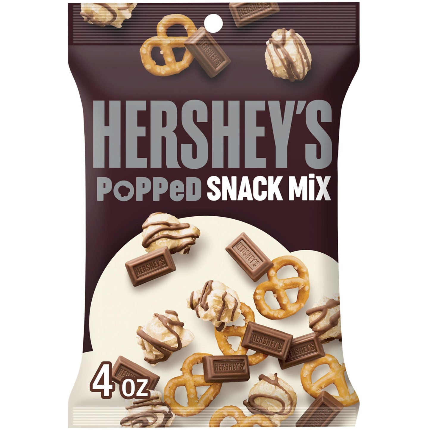HERSHEY'S Milk Chocolate, Popcorn and Pretzel Popped Snack Mix Bag, 4 oz