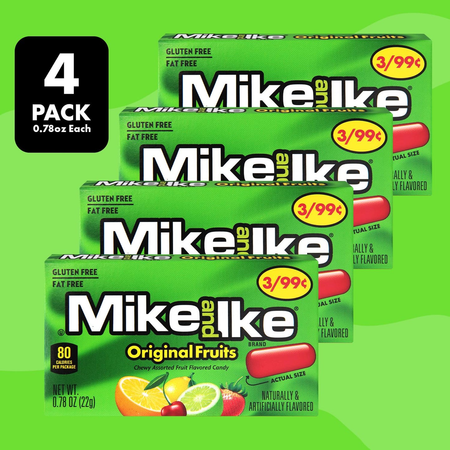 Mike and Ike Original Fruits Candy, 4 Pack, 0.78OZ Each, Ideal Mike and Ike Candy for Your Favorite Films, Perfect for Sharing with Friends.