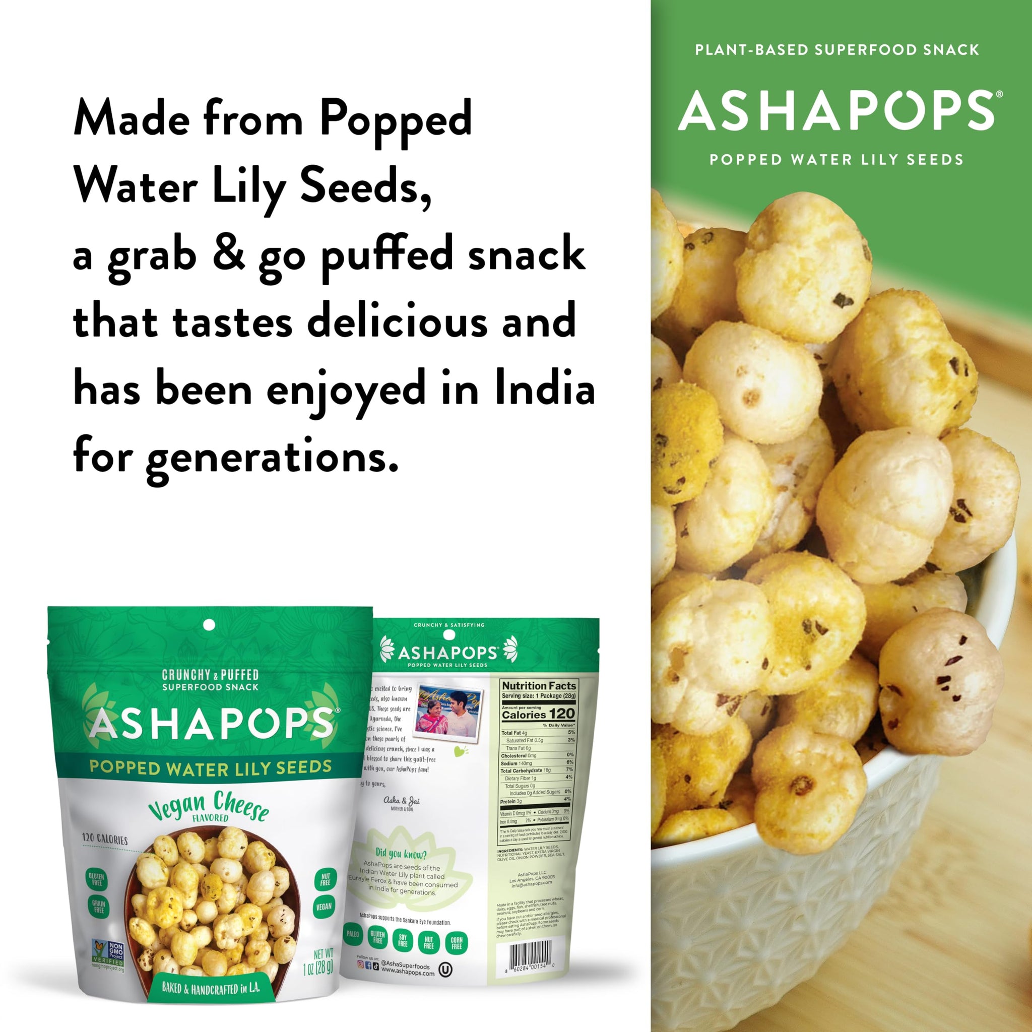 AshaPops Vegan Cheese Flavored Popped Water Lily Seeds, 1 oz (Pack of 6) - Gluten-Free, Vegan, Paleo, Nut-Free, Corn-Free, Soy-Free, Non-GMO