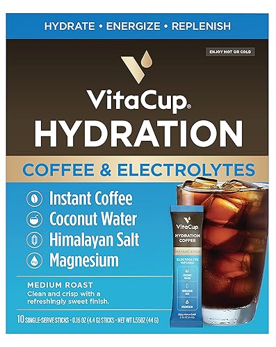 VitaCup Hydration Coffee Packets, The First Coffee That Hydrates You w/Electrolytes, Coconut Water, Pink Himalayan Salt, Magnesium, Medium Roast