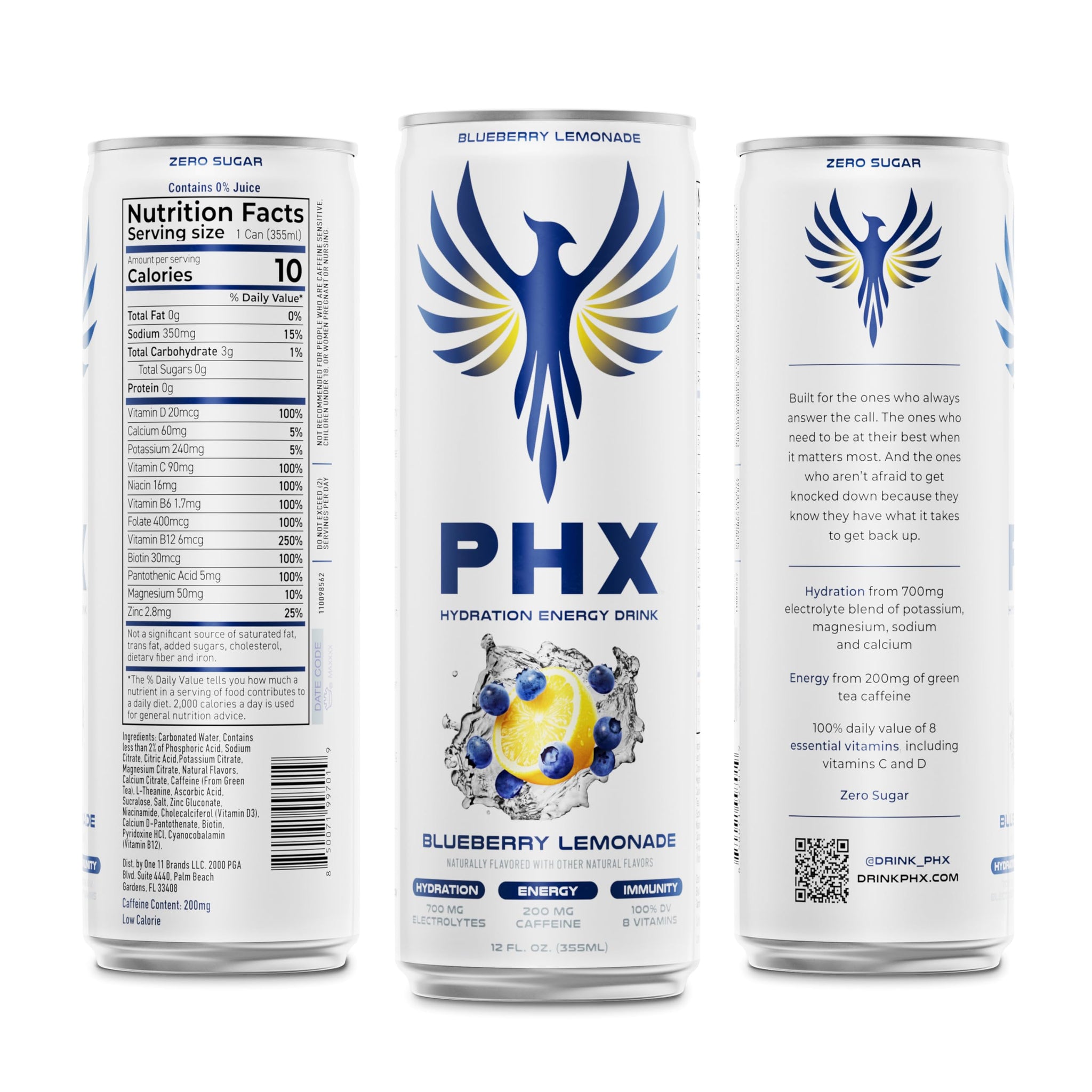 PHX Hydration Energy Drink - 700mg Electrolytes, 200mg Natural Green Tea Caffeine, 100% Daily Value 8 Essential Vitamins - 12 oz Cans (12 Pack) (12