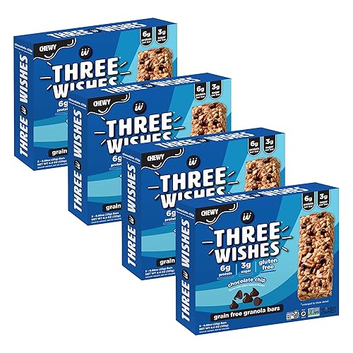 Three Wishes Chewy Granola Bars, Chocolate Chip (4-Pack) - Gluten & Grain-Free Soft Snack Food Bar with 6g Protein, 3g Sugar - Healthy Breakfast