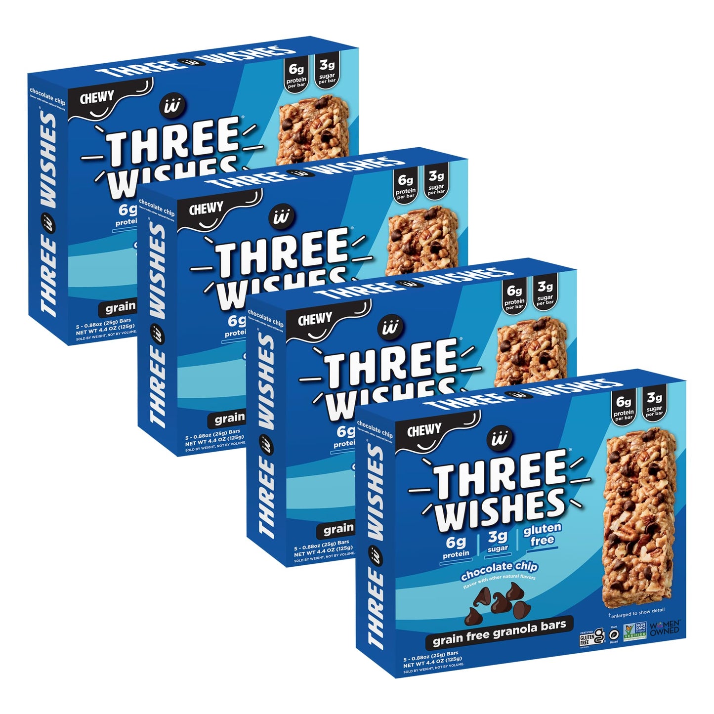 Three Wishes Chewy Granola Bars, Chocolate Chip (4-Pack) - Gluten & Grain-Free Soft Snack Food Bar with 6g Protein, 3g Sugar - Healthy Breakfast