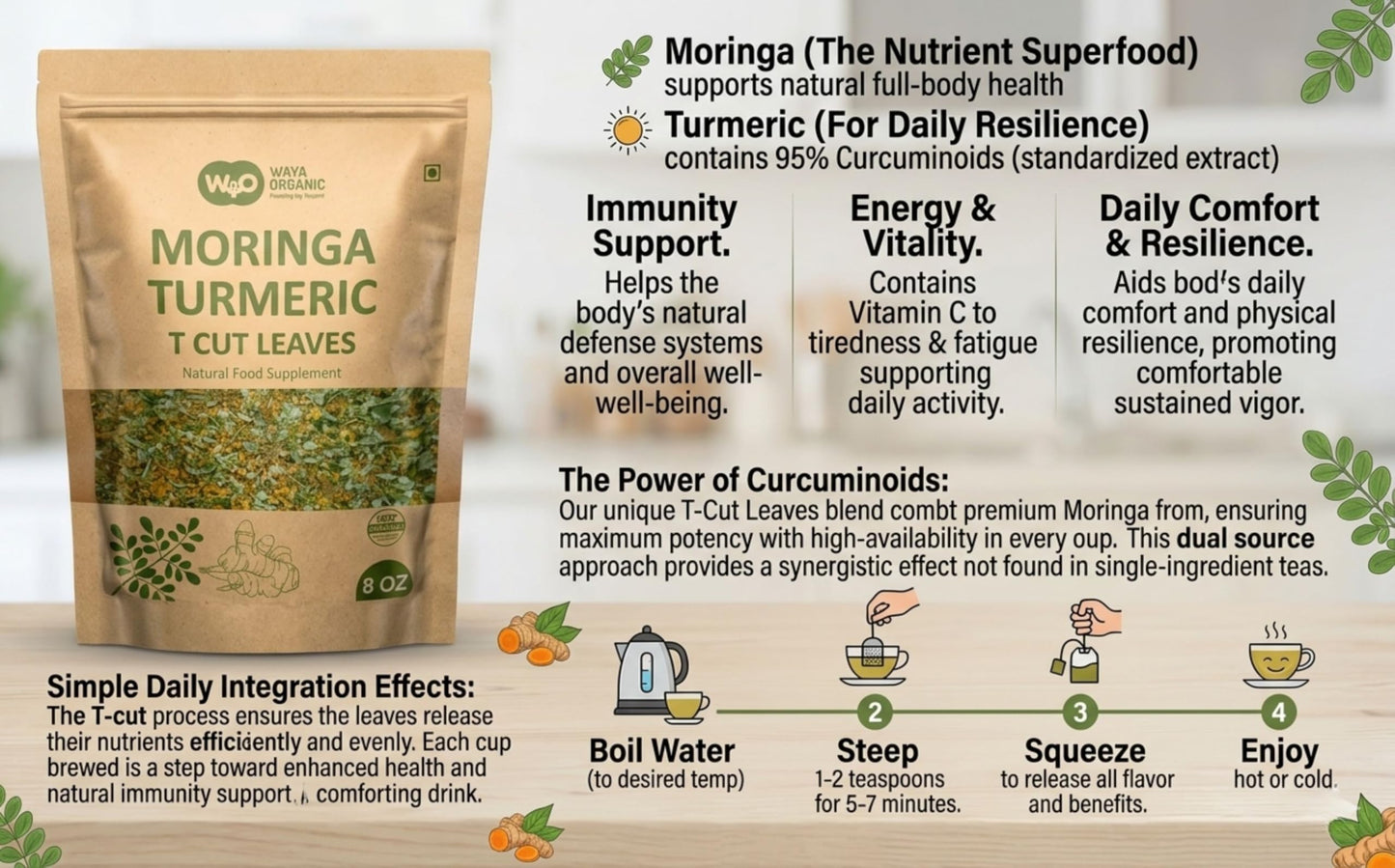 Moringa Leaves Tea with Turmeric 8 oz, Boost Immunity, Caffeine Free, One Tea with Two Benefits (Pack of 2)