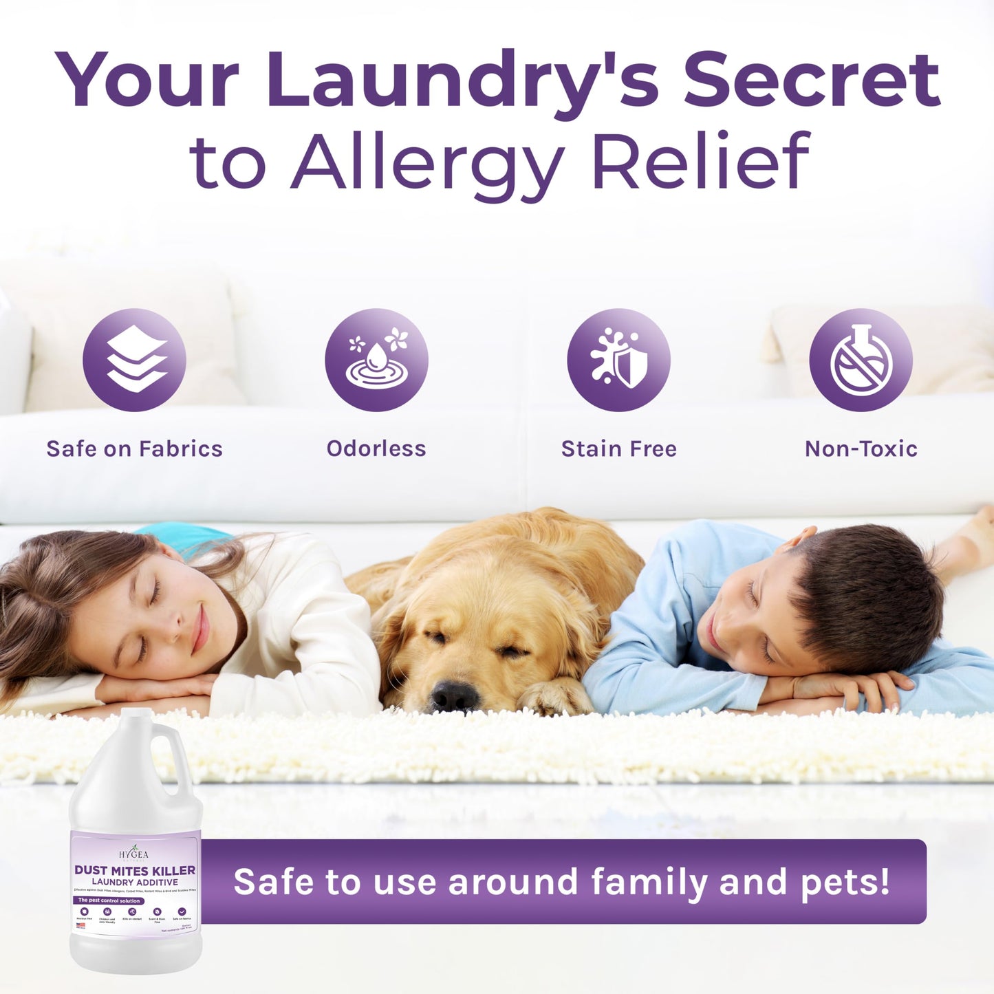 Hygea Natural Dust Mite Laundry Additive - Eliminates Dust, Carpet, Rodent, Bird & Mites - Pet & Child-Friendly, Eco-Friendly for Bedding, Clothing