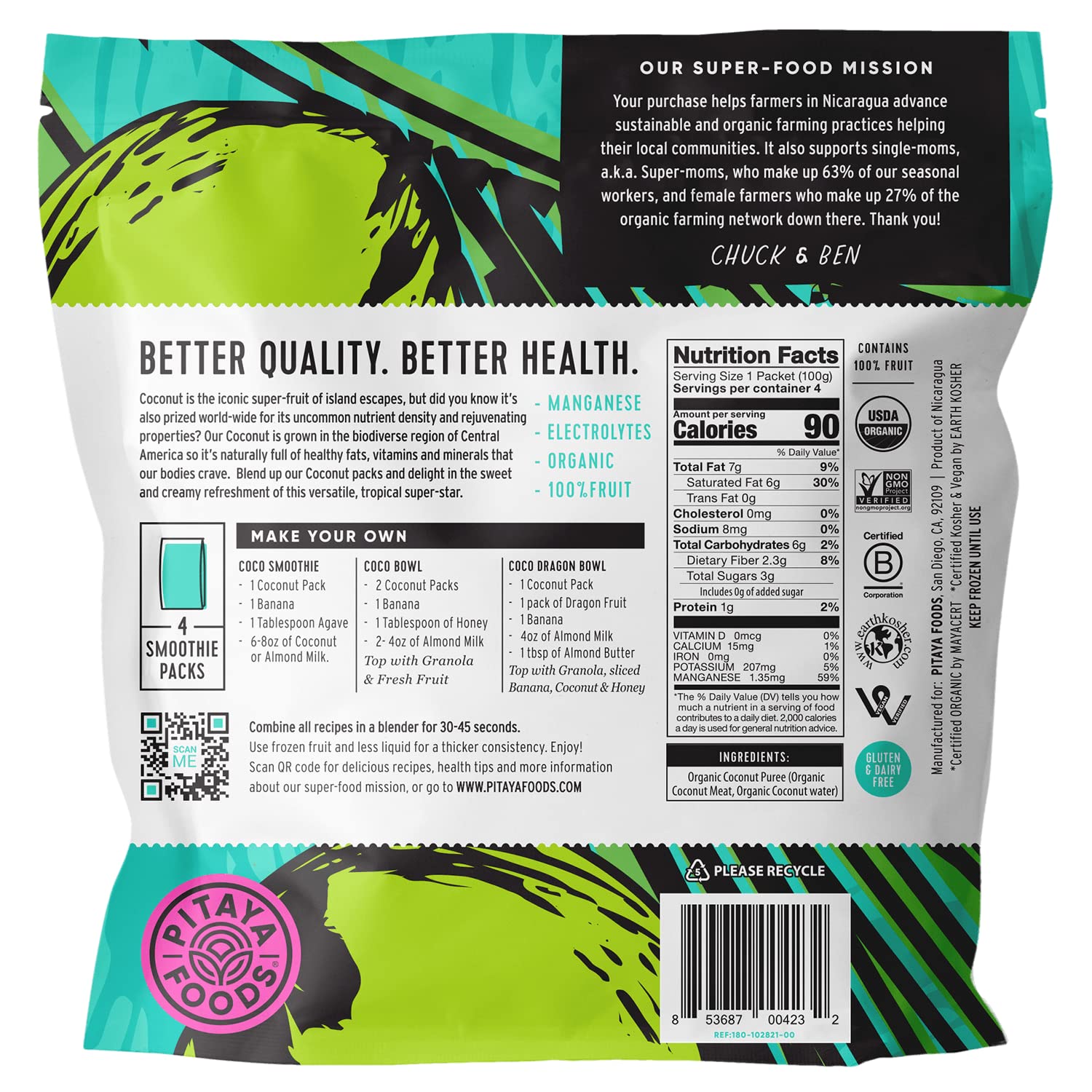 Pitaya Foods - Organic Coconut Smoothie Packs, Pre-Packaged Frozen Fruit Purée, No Added Sugar or Preservatives, Good Source of Fiber & Manganese