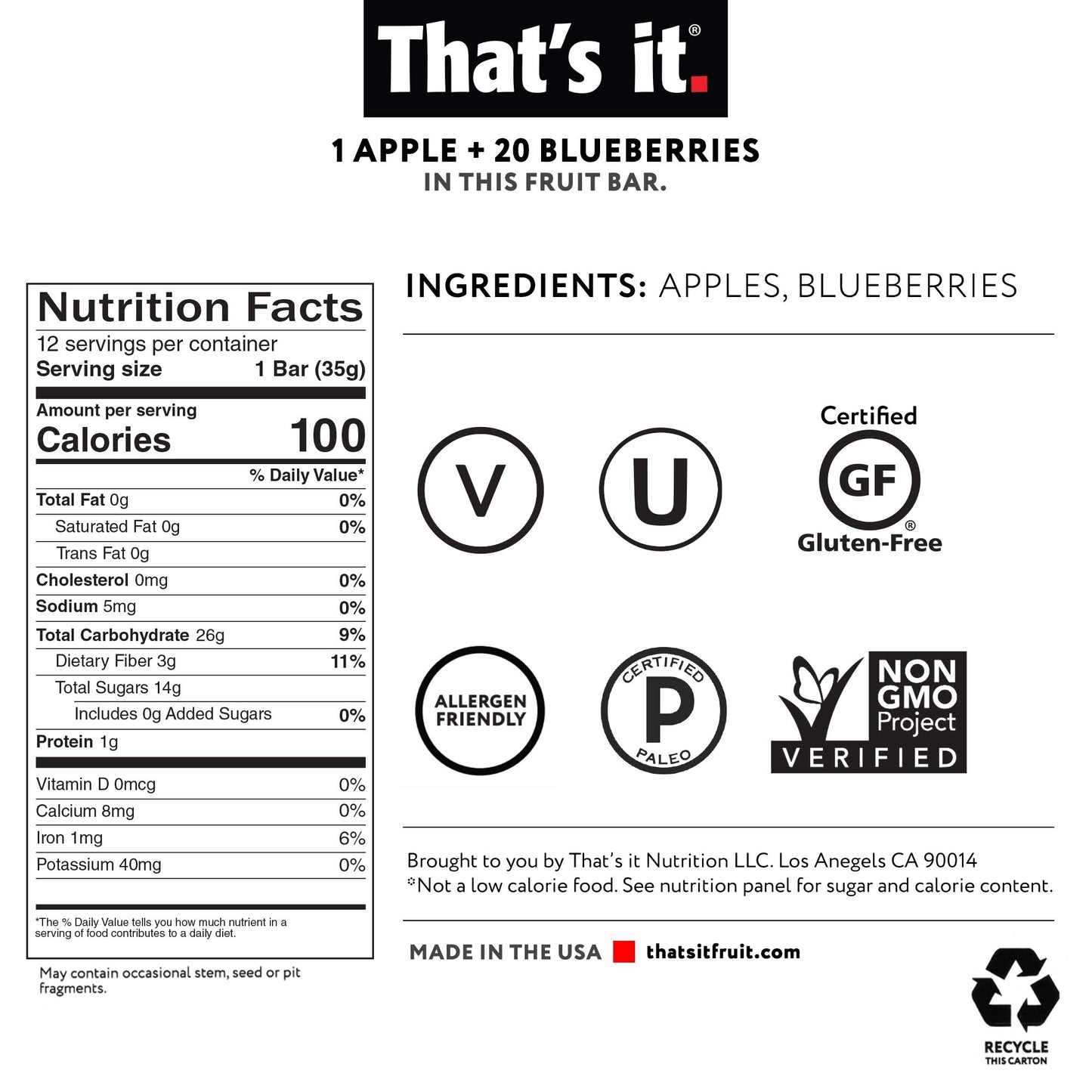 That's it. Apple + Blueberry 100% Natural Real Fruit Bar, Best High Fiber Vegan, Gluten Free Healthy Snack, Paleo for Children & Adults, Non GMO No