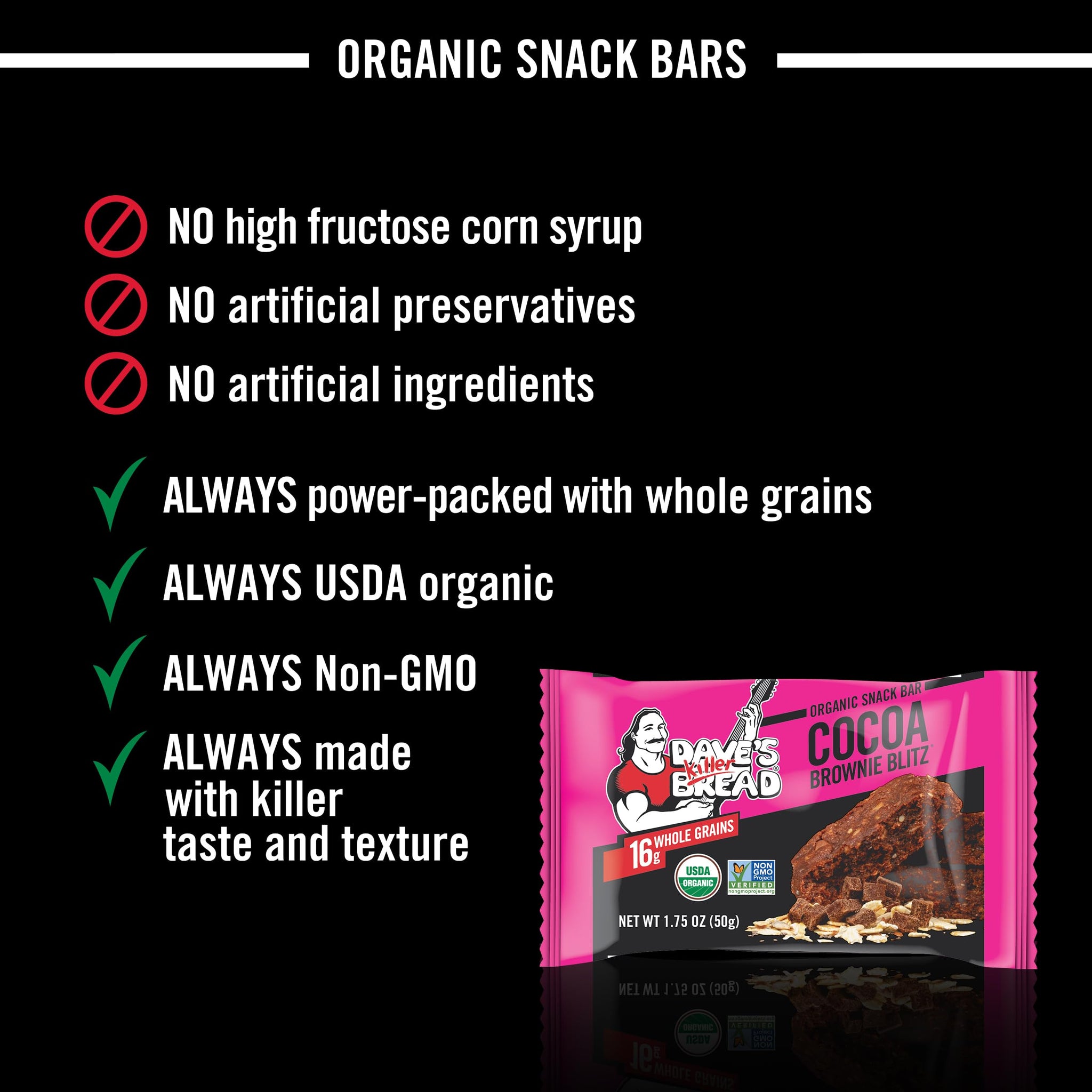 Dave's Killer Bread Cocoa Brownie Blitz Organic Snack Bars, 4 Individually Wrapped Snack Bars