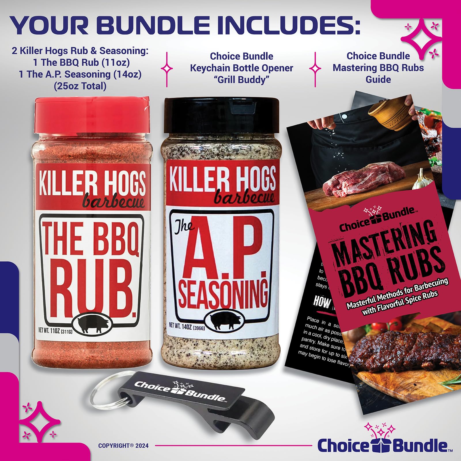 Killer Hogs AP All Purpose Seasoning & The BBQ Rub Premium Variety 2 Pk (25 oz) + Barbecue Masters & Bottle Opener (4 Items)!