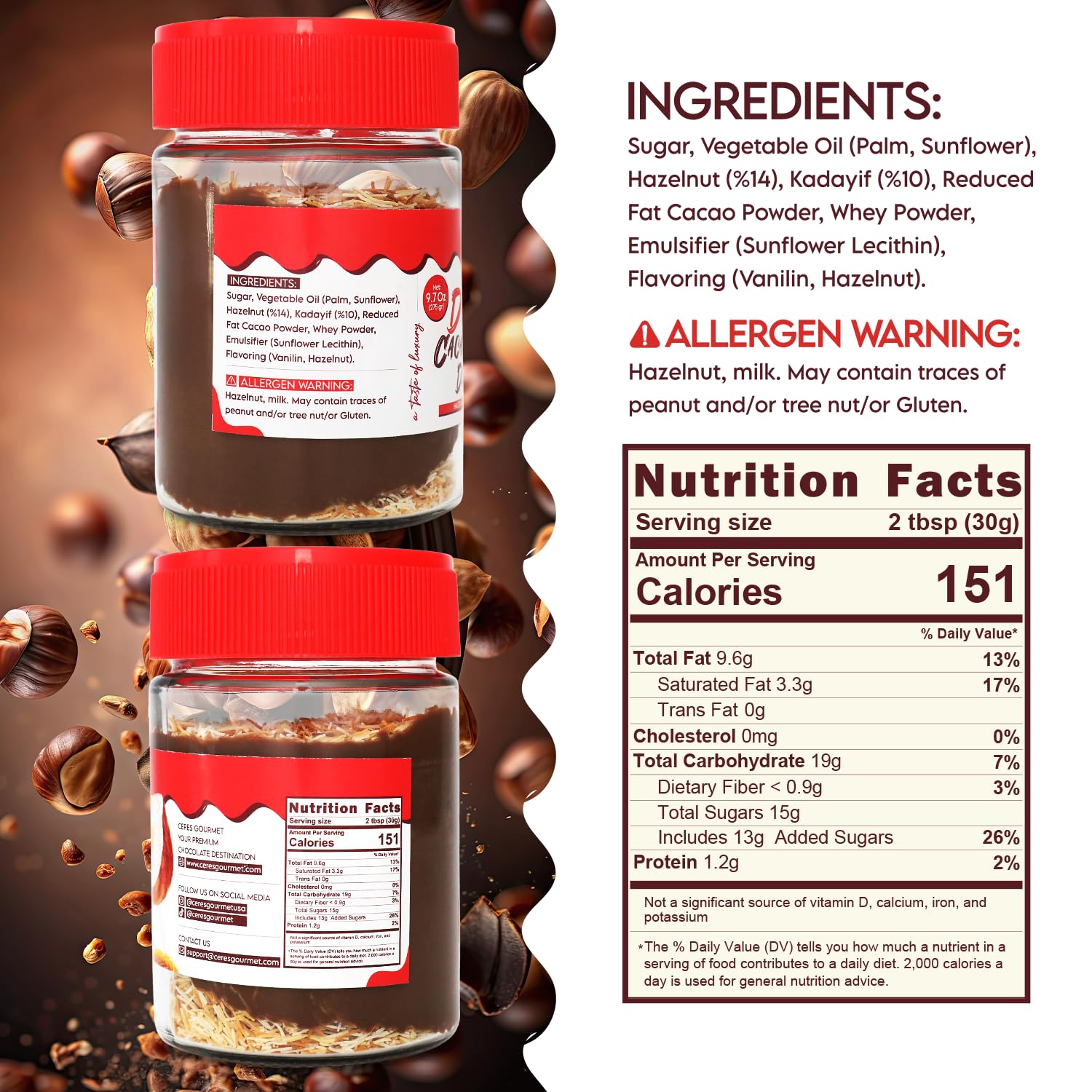 Ceres Gourmet Dubai Chocolate Crunchy Spread, 9.7 oz, Premium Spreadable Dubai Chocolate with Hazelnut and Crispy Kataifi, Rich Nutty Gourmet