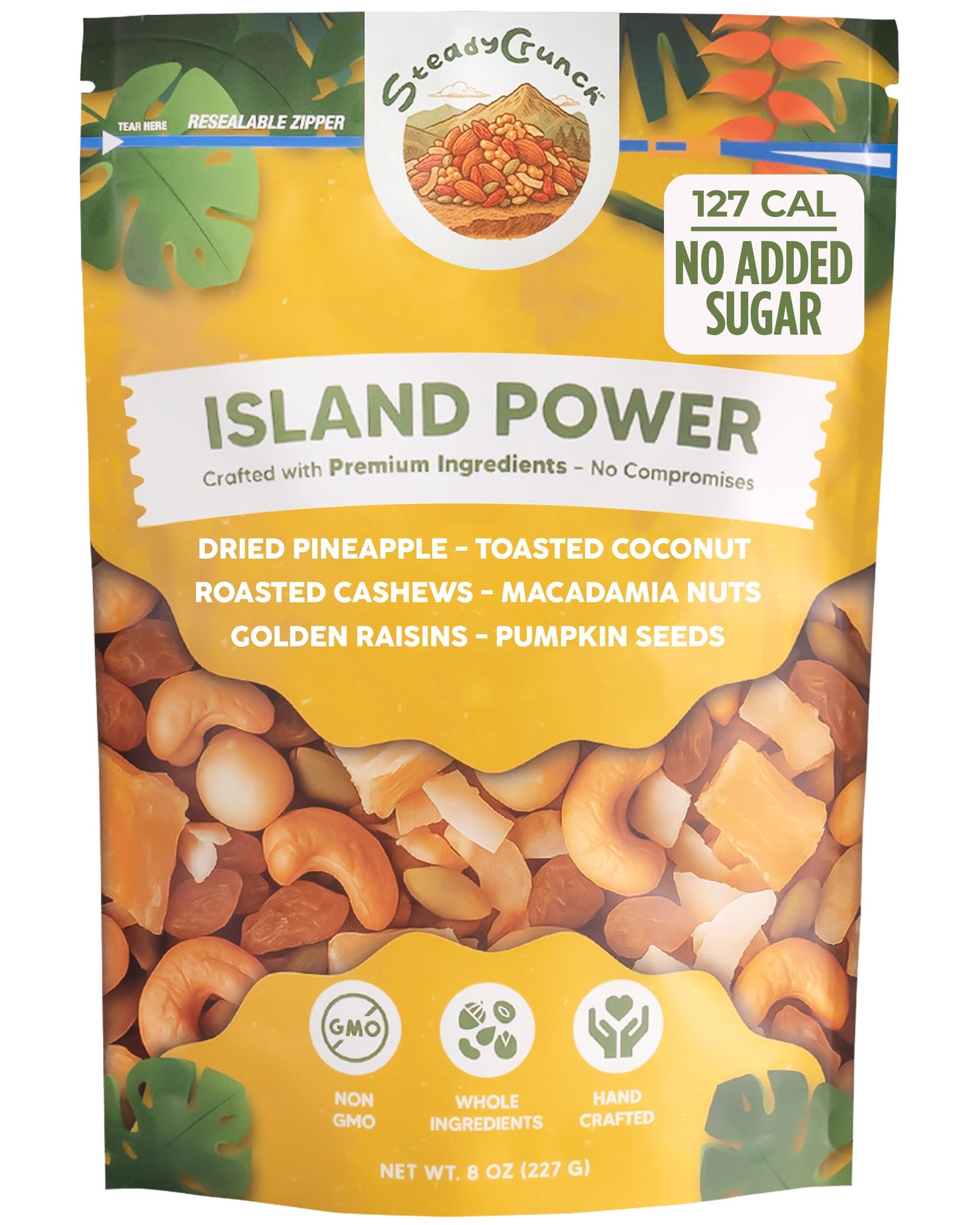 SteadyCrunch Island Power Trail Mix - Gluten Free & Vegan Travel Snacks - Mixed Nuts, Dried Fruit Healthy Snacks for Adults & Kids - Cashew, Macadamia