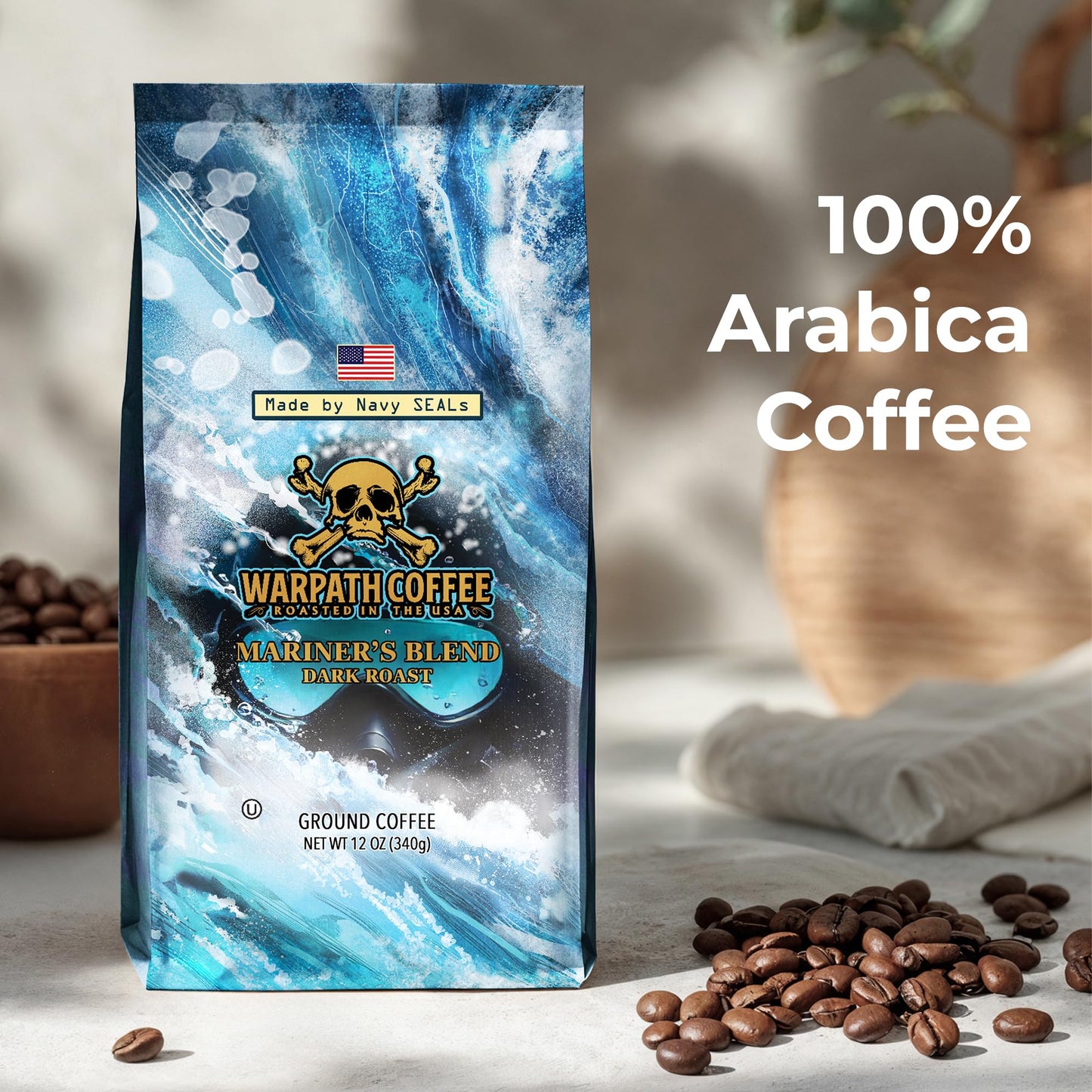 Warpath Coffee Ground Coffee Dark Roast, Mariner's Blend, High Caffeine, Extra Strong Roasted 100% Arabica Coffee Ground Beans, Rich Aroma