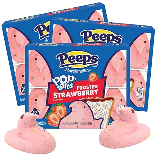 Strawberry Pop Tart Peeps, Dessert Pastry Flavored Marshmallows, Easter Basket Stuffer Candy, 10 Count Boxes (Pack of 3)