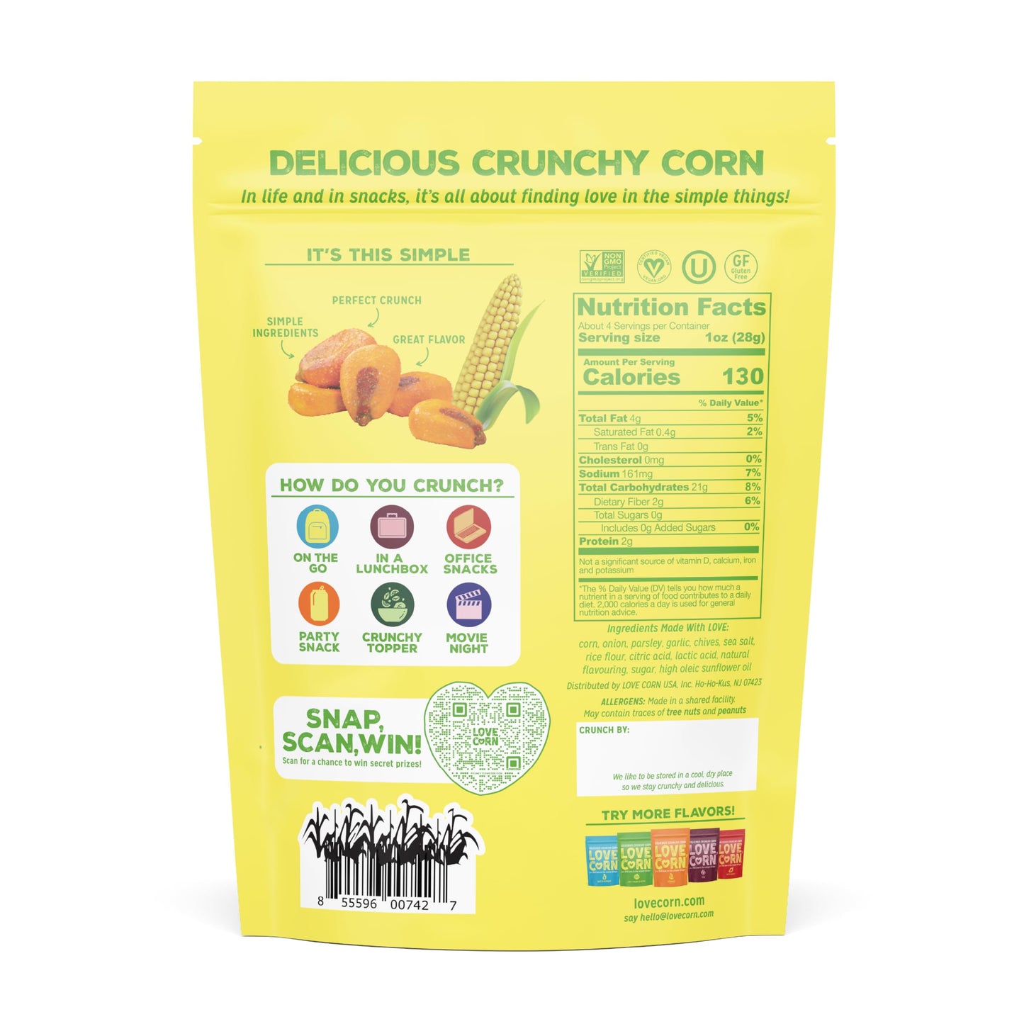 LOVE CORN Sour Cream & Onion - Crunchy Roasted Corn Snack, Gluten Free, Non-GMO, Zero Sugar, Vegan, Plant Based - Alternative to Chips, Nuts