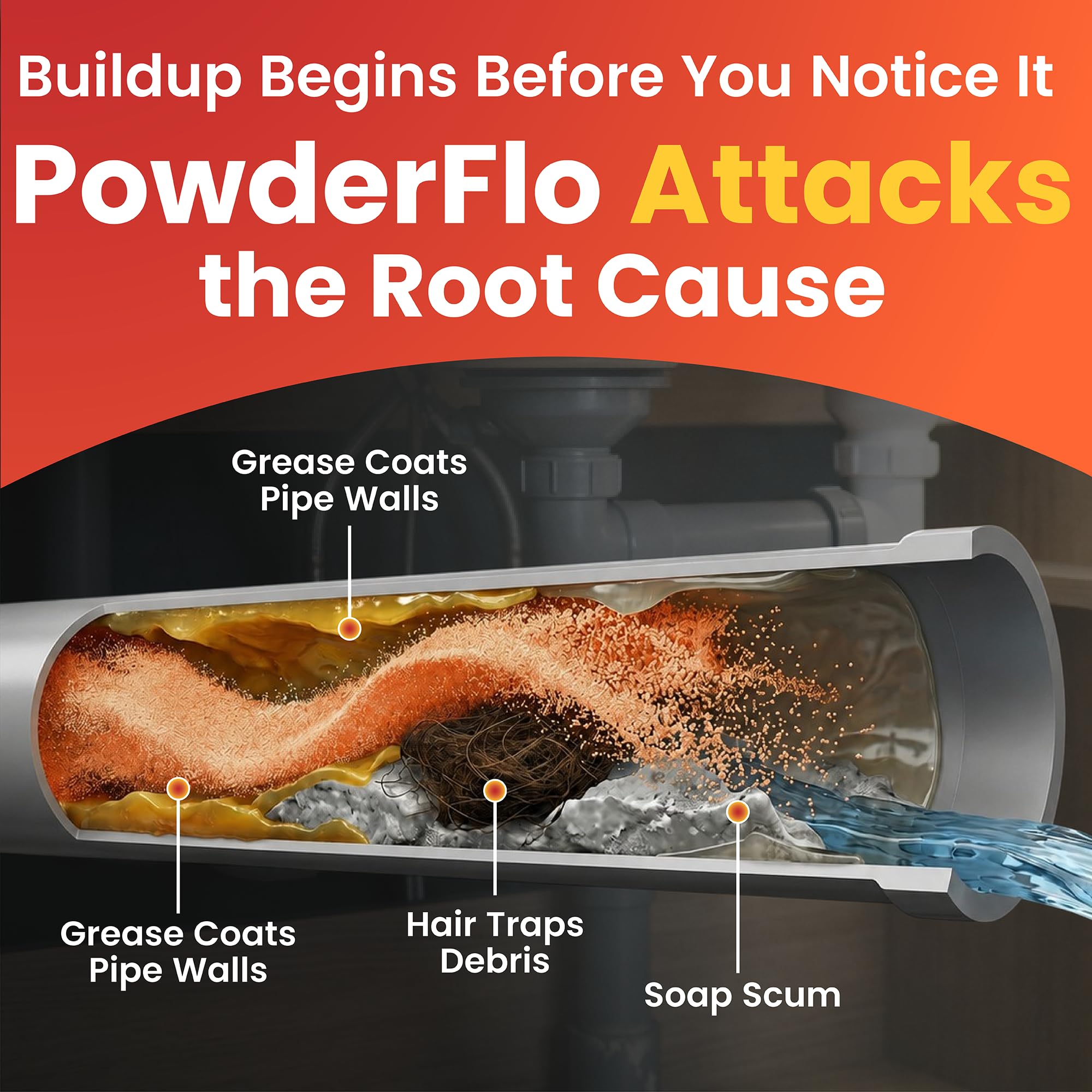 PowderFlo Drain Cleaner Powder, Fast-Acting Formula for Grease, Hair, Oil & Soap Buildup, Fumeless, for Common Sink and Floor Drain Lines, Commercial