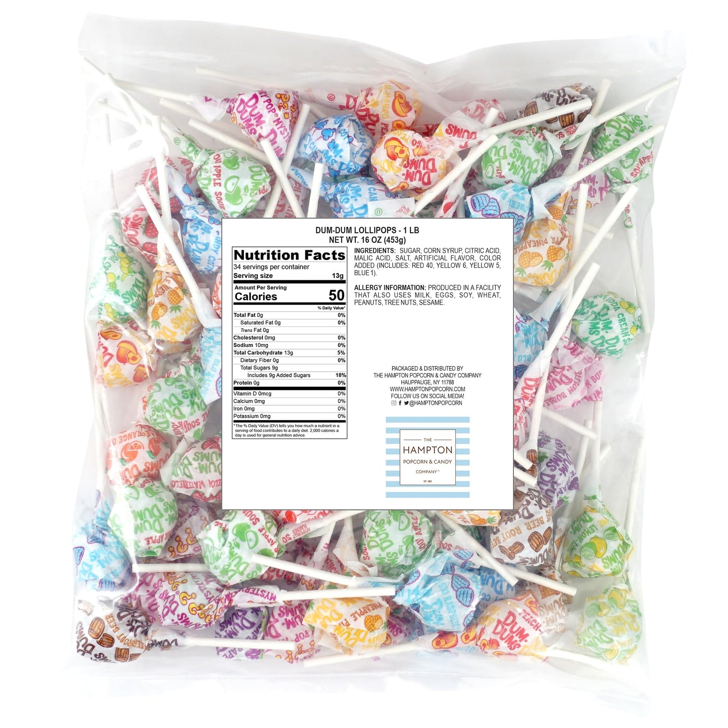 DUM DUMS Original Mix Lollipops, 1 lb Bag (60 Pieces Approx.), Gluten Free Hard Candy, Assorted Flavors, Individually Wrapped Lollipops, The Hampton