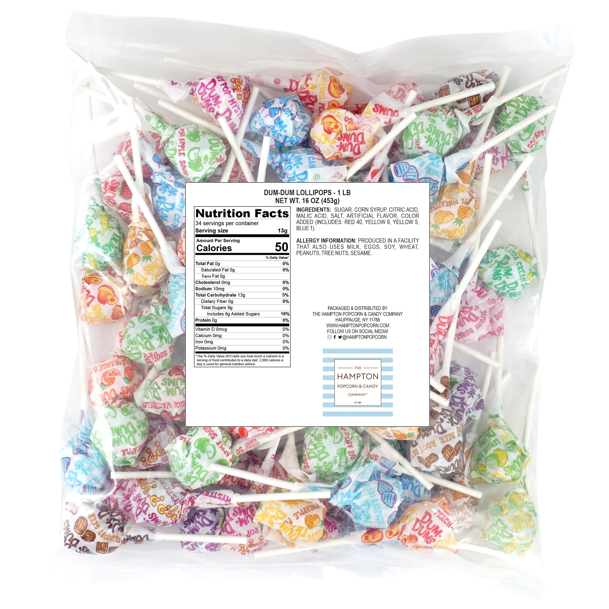 DUM DUMS Original Mix Lollipops, 1 lb Bag (60 Pieces Approx.), Gluten Free Hard Candy, Assorted Flavors, Individually Wrapped Lollipops, The Hampton