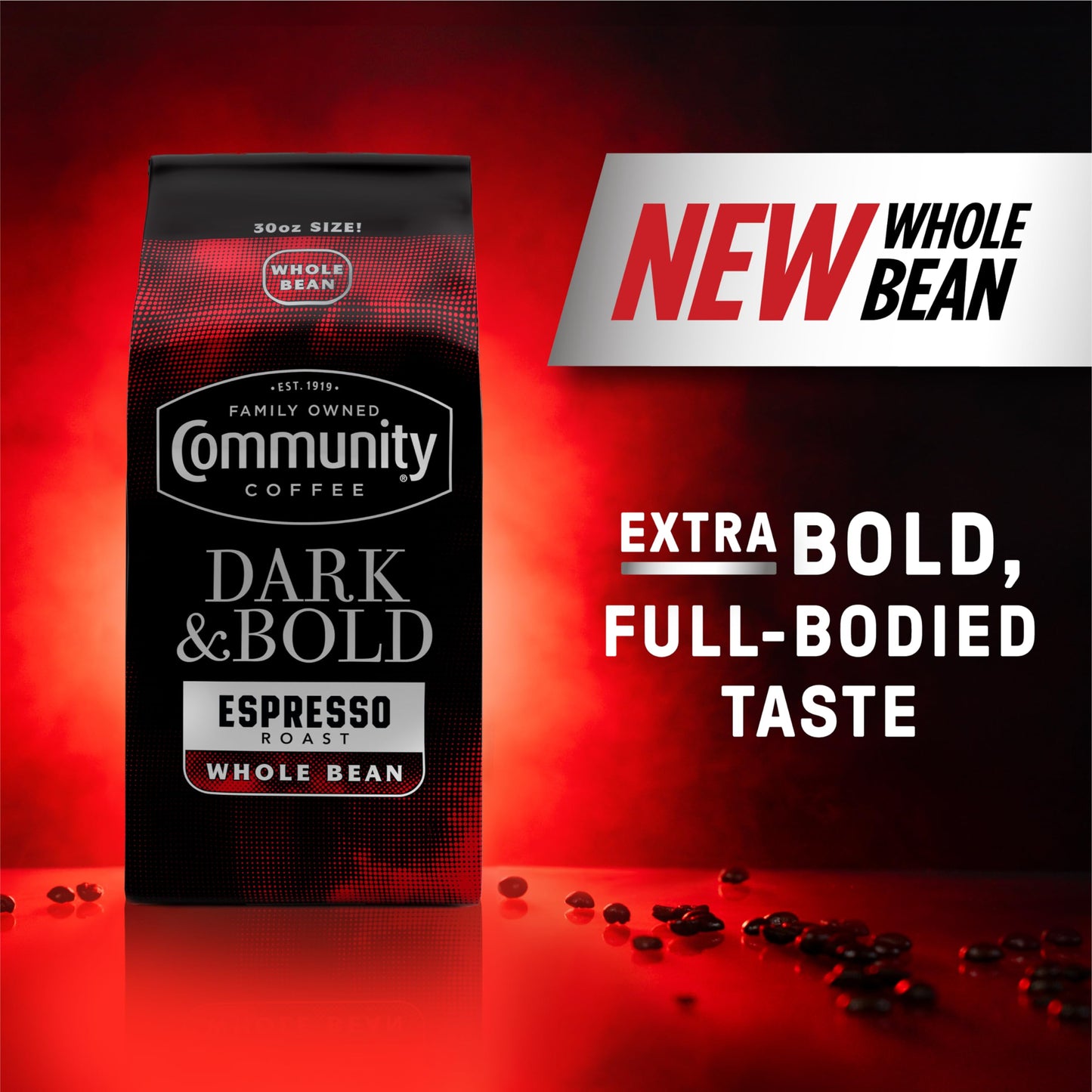 Community Coffee Dark & Bold Espresso Blend, Dark Roast Whole Bean Coffee, 30 Ounce Bag (Pack of 1)