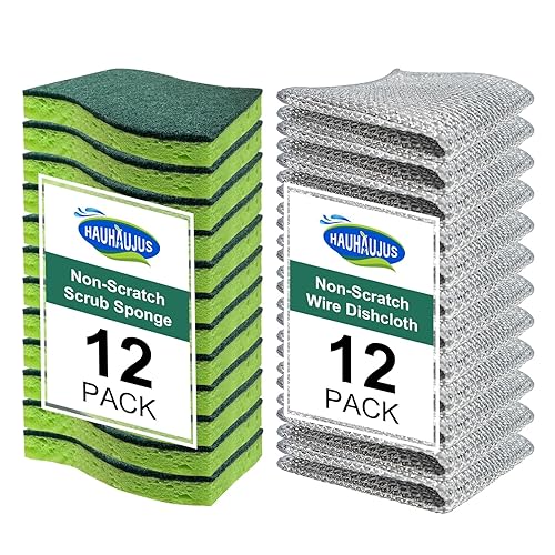 HAUHAUJUS Non Scratch Scrub Sponge and Wire Dishwashing Rag Combo, 12+12 Pack, Dish Sponges and Multipurpose Wire Dishcloths for Kitchen Cleaning