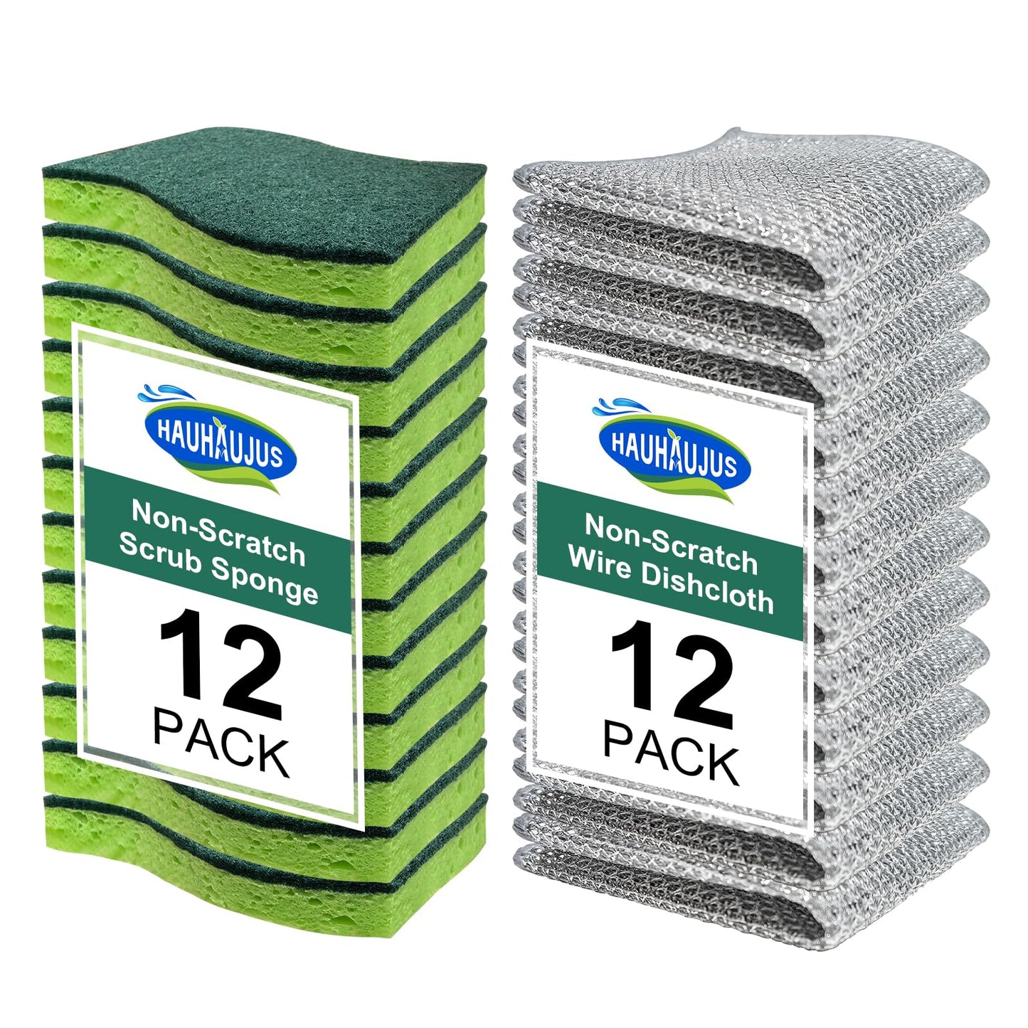 HAUHAUJUS Non Scratch Scrub Sponge and Wire Dishwashing Rag Combo, 12+12 Pack, Dish Sponges and Multipurpose Wire Dishcloths for Kitchen Cleaning