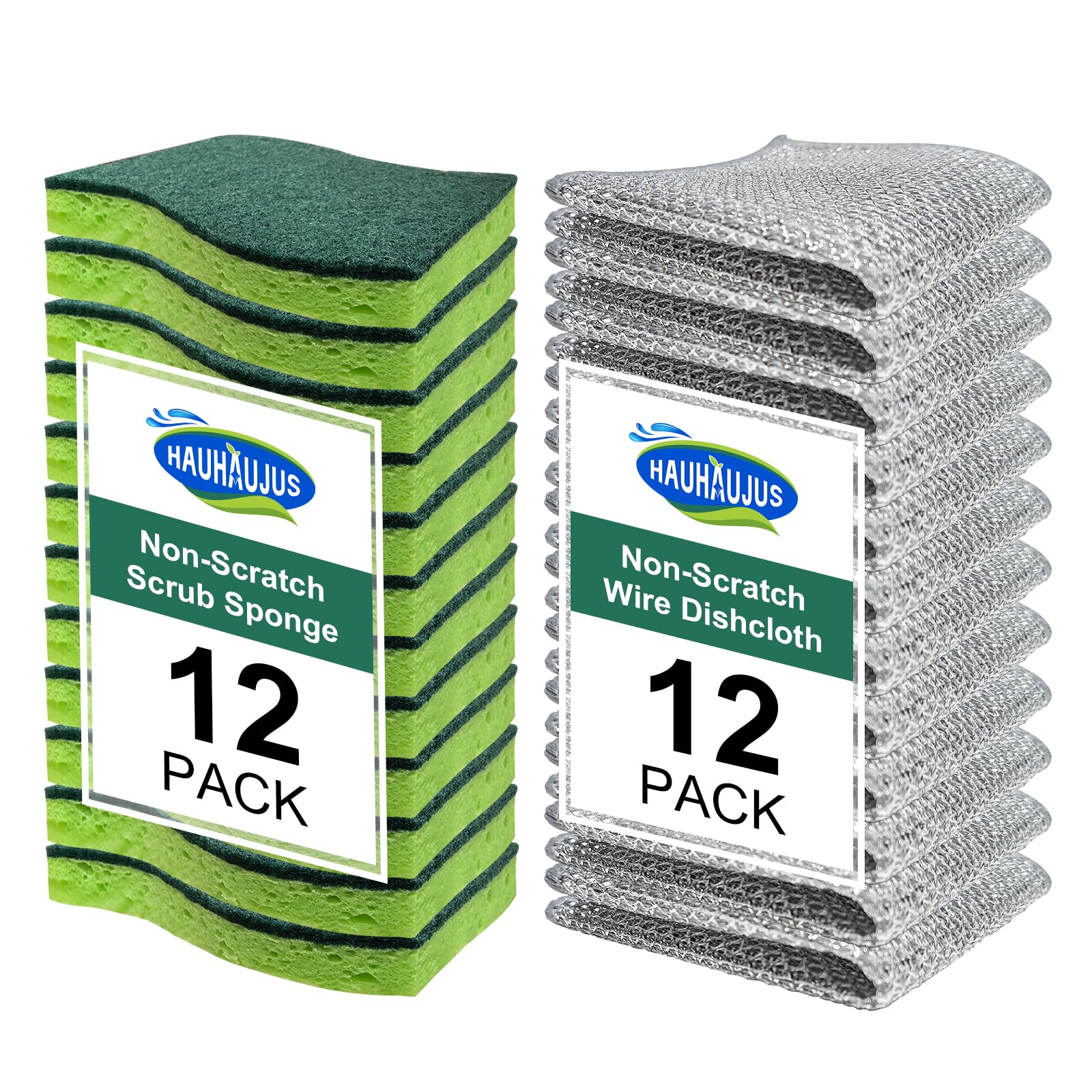 HAUHAUJUS Non Scratch Scrub Sponge and Wire Dishwashing Rag Combo, 12+12 Pack, Dish Sponges and Multipurpose Wire Dishcloths for Kitchen Cleaning