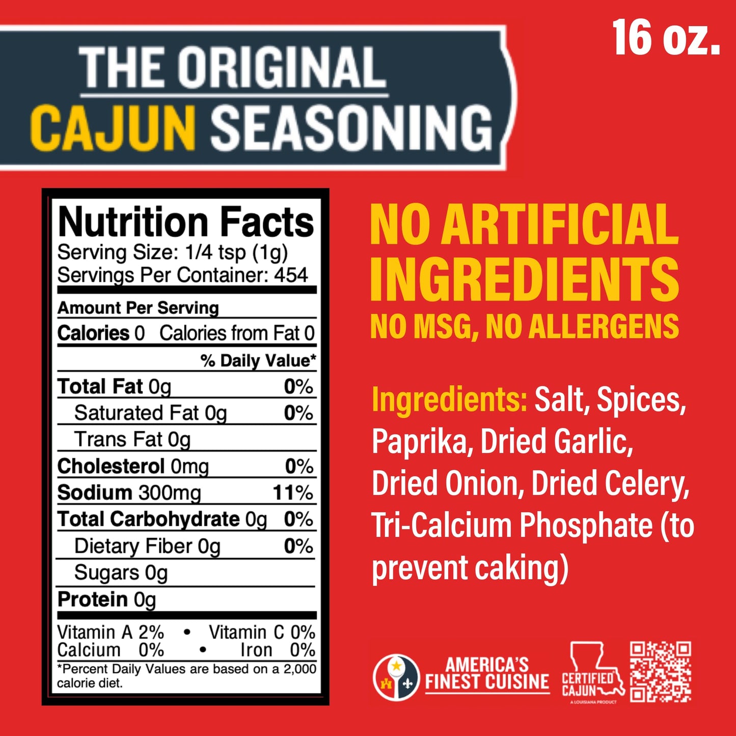 Original Cajun Seasoning - 16 oz Jar, Low Sodium, No MSG, All Natural - Authentic Louisiana Spice for Grilling and Cooking Fish, Chicken, Steak, Soup