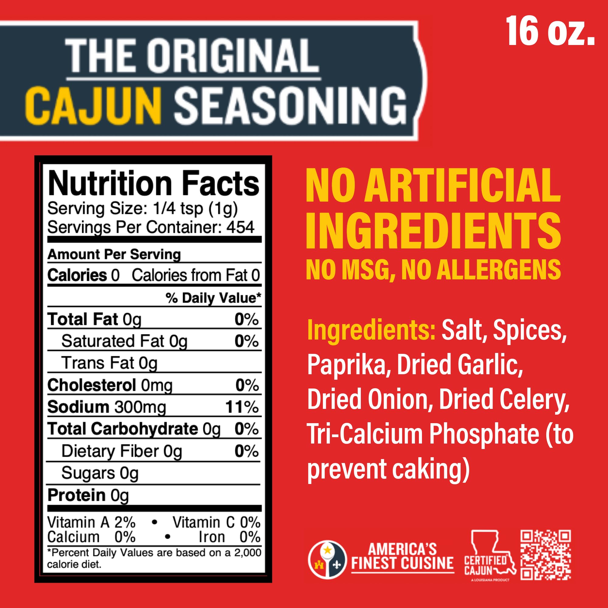 Original Cajun Seasoning - 16 oz Jar, Low Sodium, No MSG, All Natural - Authentic Louisiana Spice for Grilling and Cooking Fish, Chicken, Steak, Soup