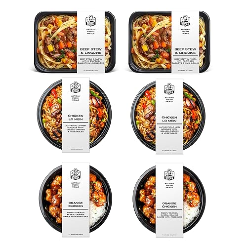Grumpy Butcher East & West Meals Set, 6 Pack (10-15 oz Each), Frozen Dinner Meals Ready to Eat - Beef Stew, Orange Chicken, Chicken Lo Mein, High