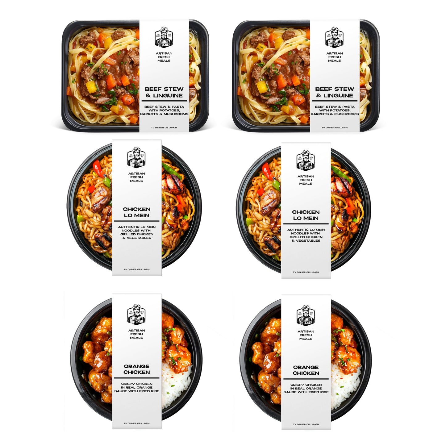 Grumpy Butcher East & West Meals Set, 6 Pack (10-15 oz Each), Frozen Dinner Meals Ready to Eat - Beef Stew, Orange Chicken, Chicken Lo Mein, High