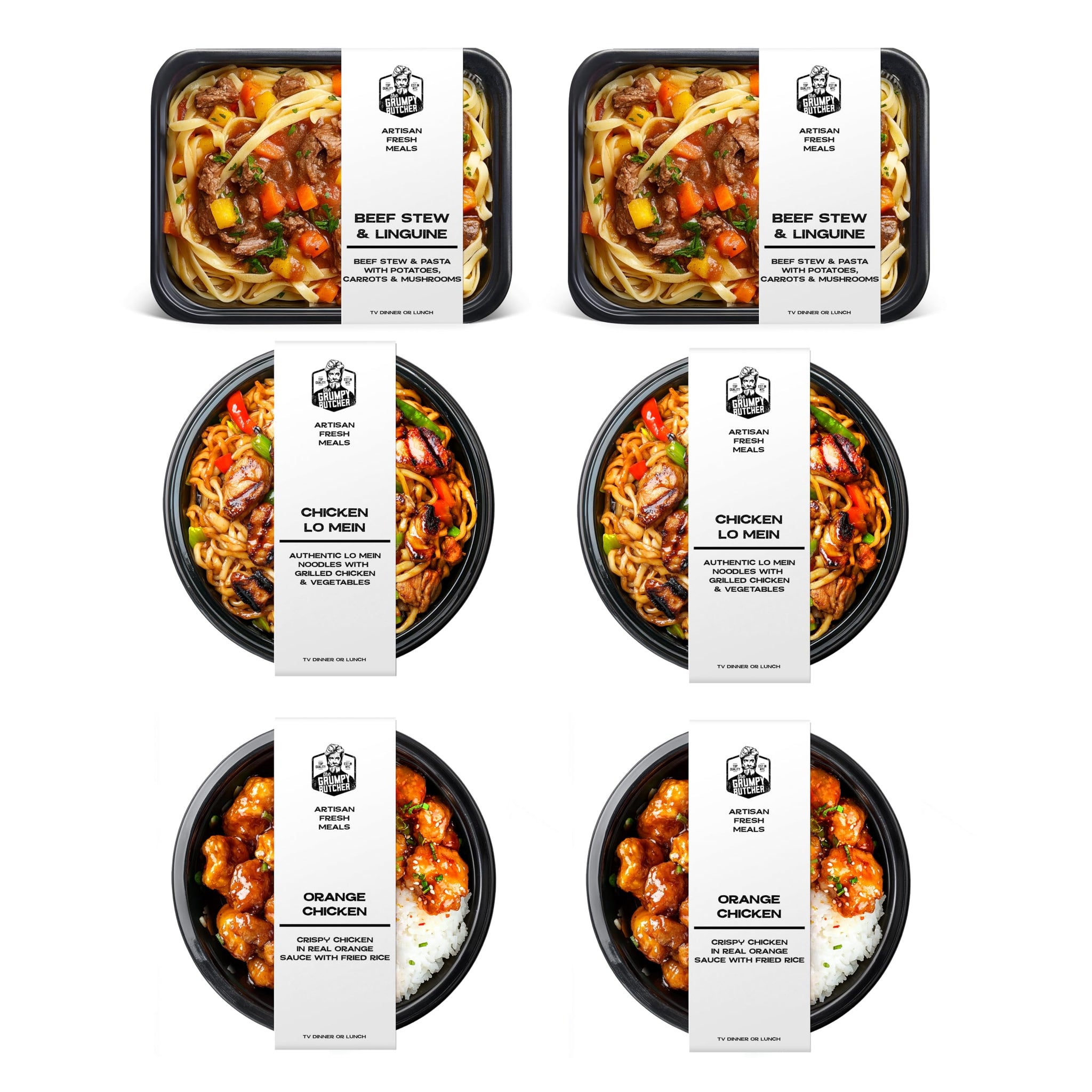 Grumpy Butcher East & West Meals Set, 6 Pack (10-15 oz Each), Frozen Dinner Meals Ready to Eat - Beef Stew, Orange Chicken, Chicken Lo Mein, High