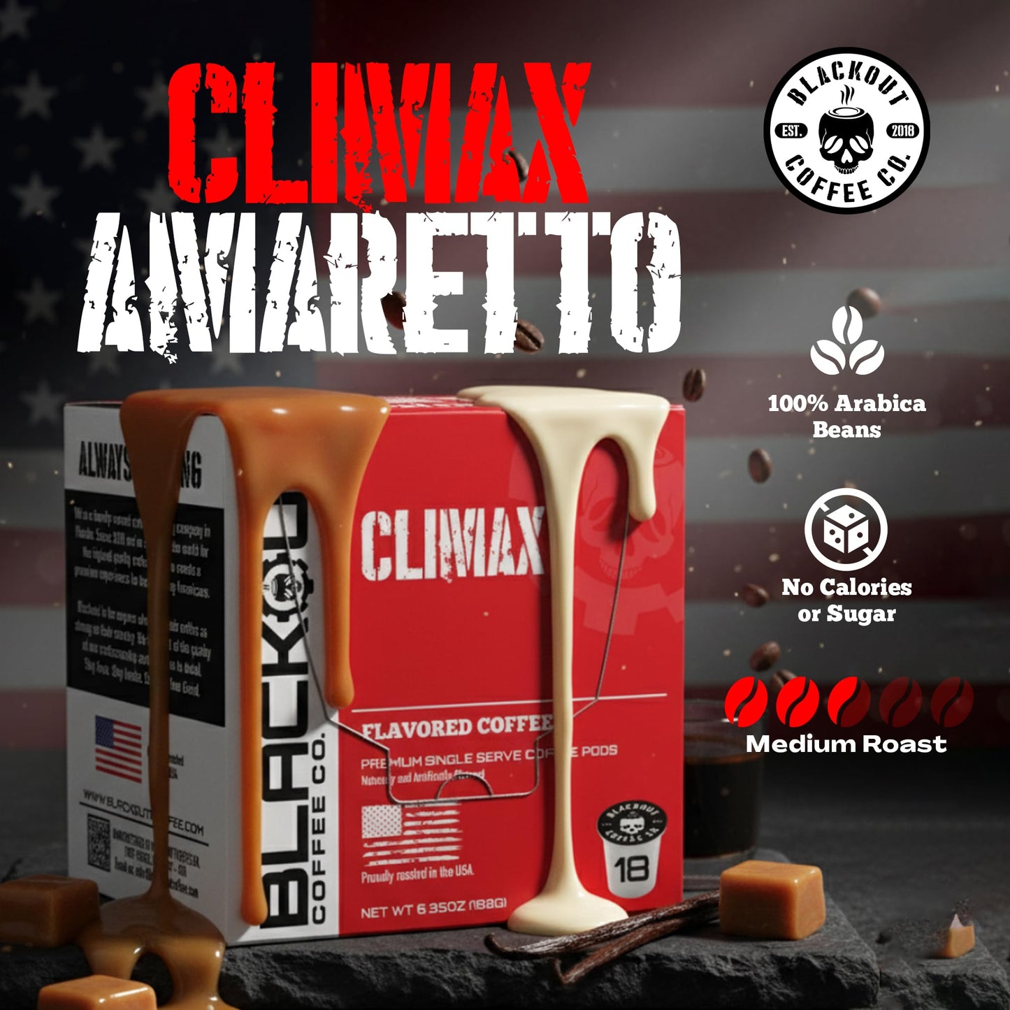Blackout Coffee CLIMAX Amaretto, Irish Cream & Kahlua Flavored Coffee Pods - Premium Arabica, Smooth Taste, Guilt-Free Indulgence - 18 Count Single